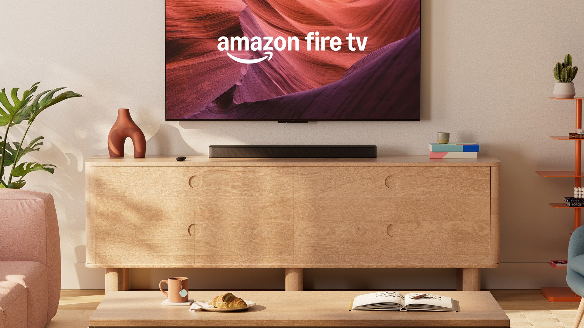 Amazon Fire TV and Fire TV Soundbar Plus set up in living room 