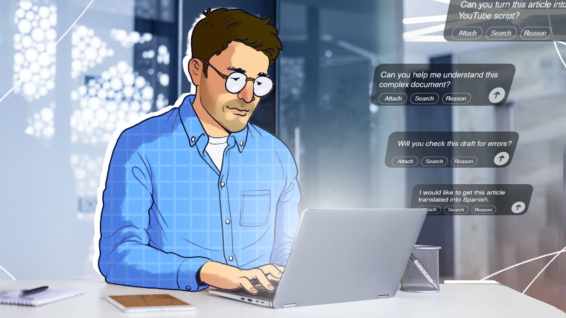 illustration of man using AI tools at work