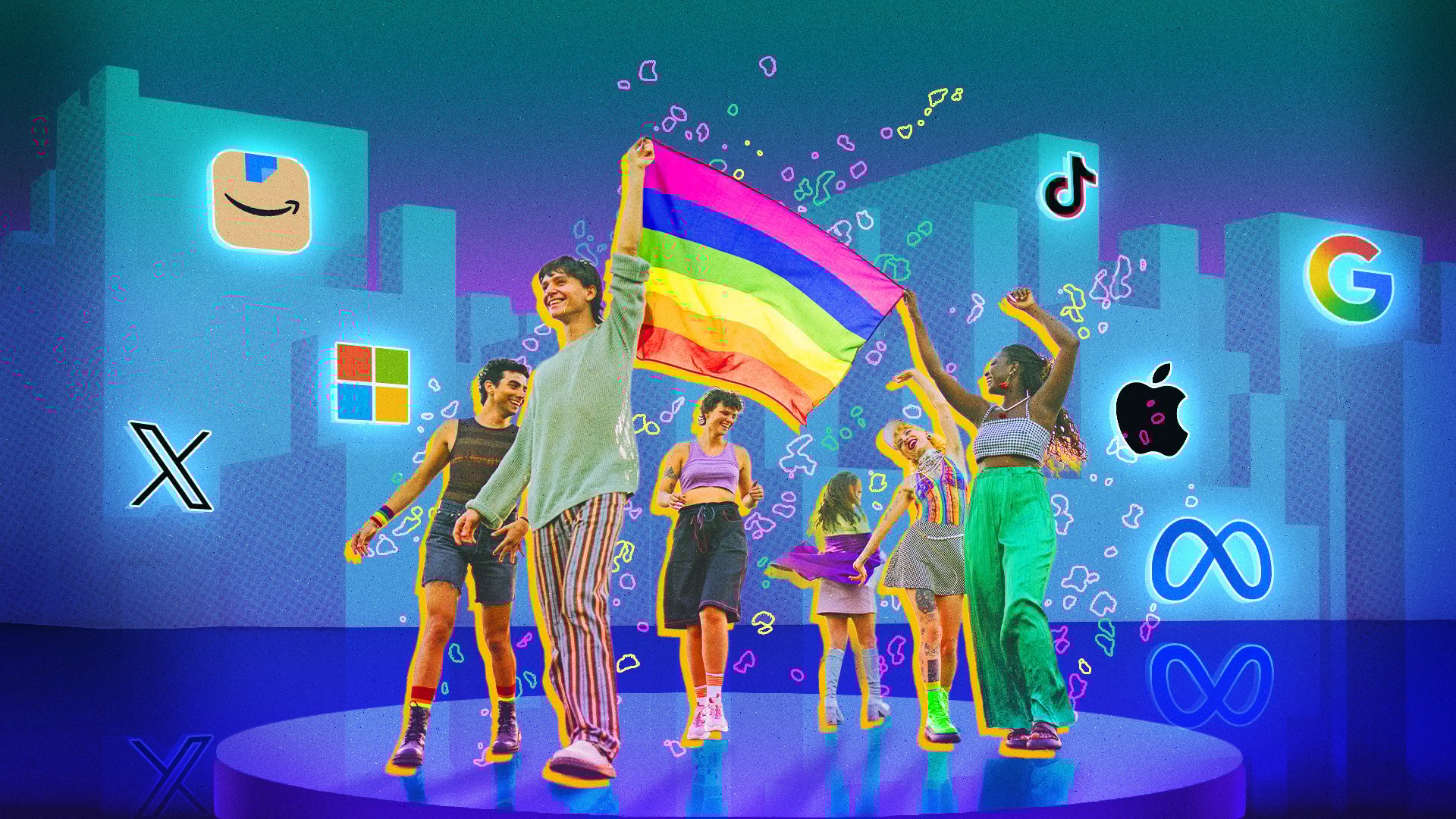 A group of people waving a Pride flag, with tech companies logos in the background.