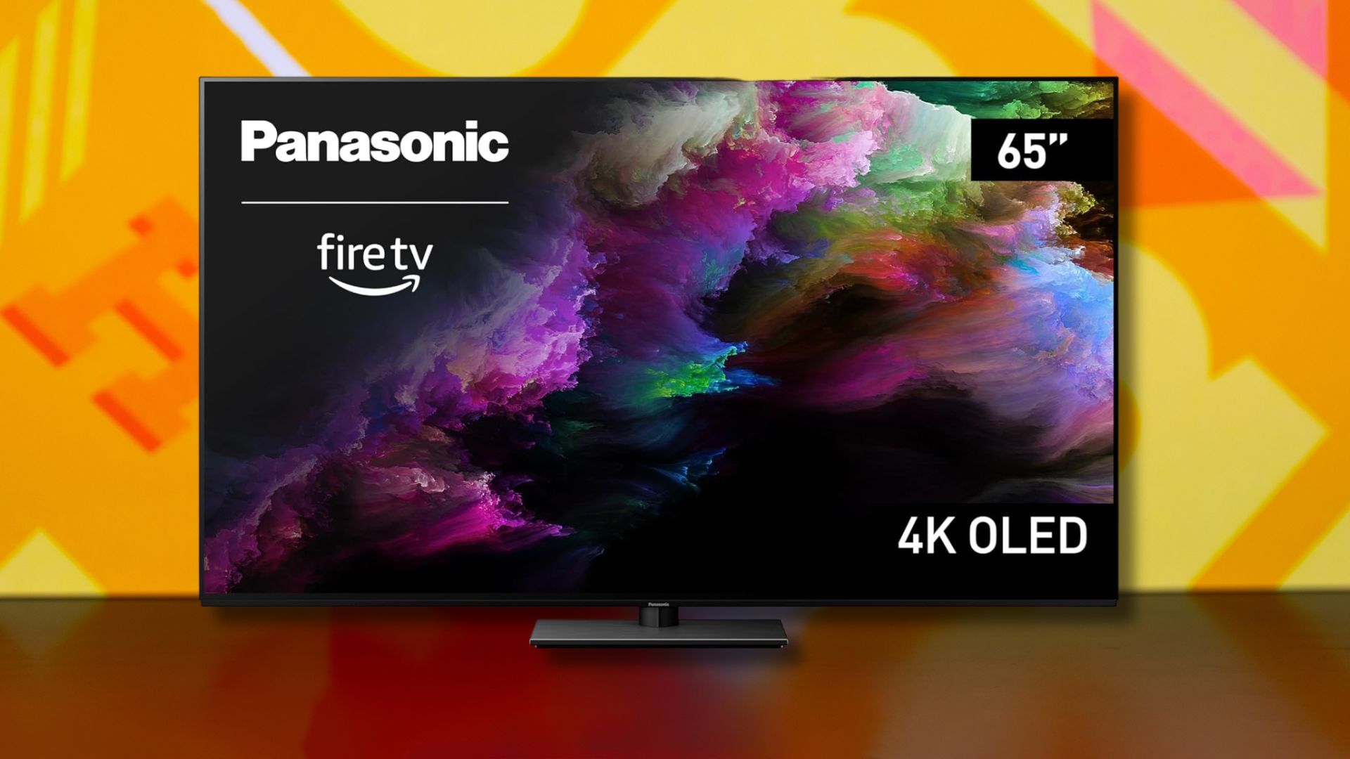 panasonic z85 65-inch oled 4k smart tv against a yellow patterned background