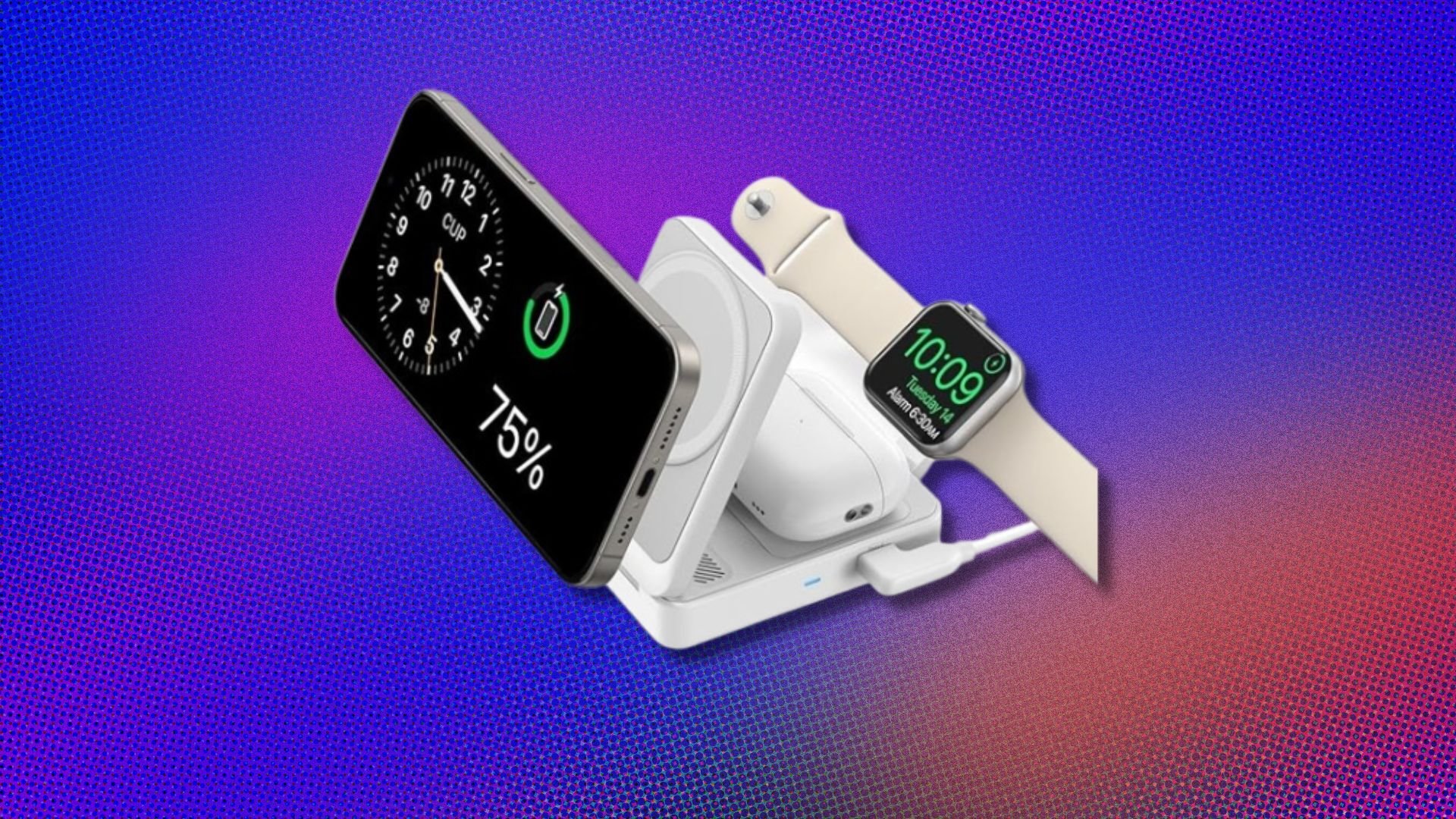 the anker MagGo foldable 3-in-1 charging station on a purple and orange background