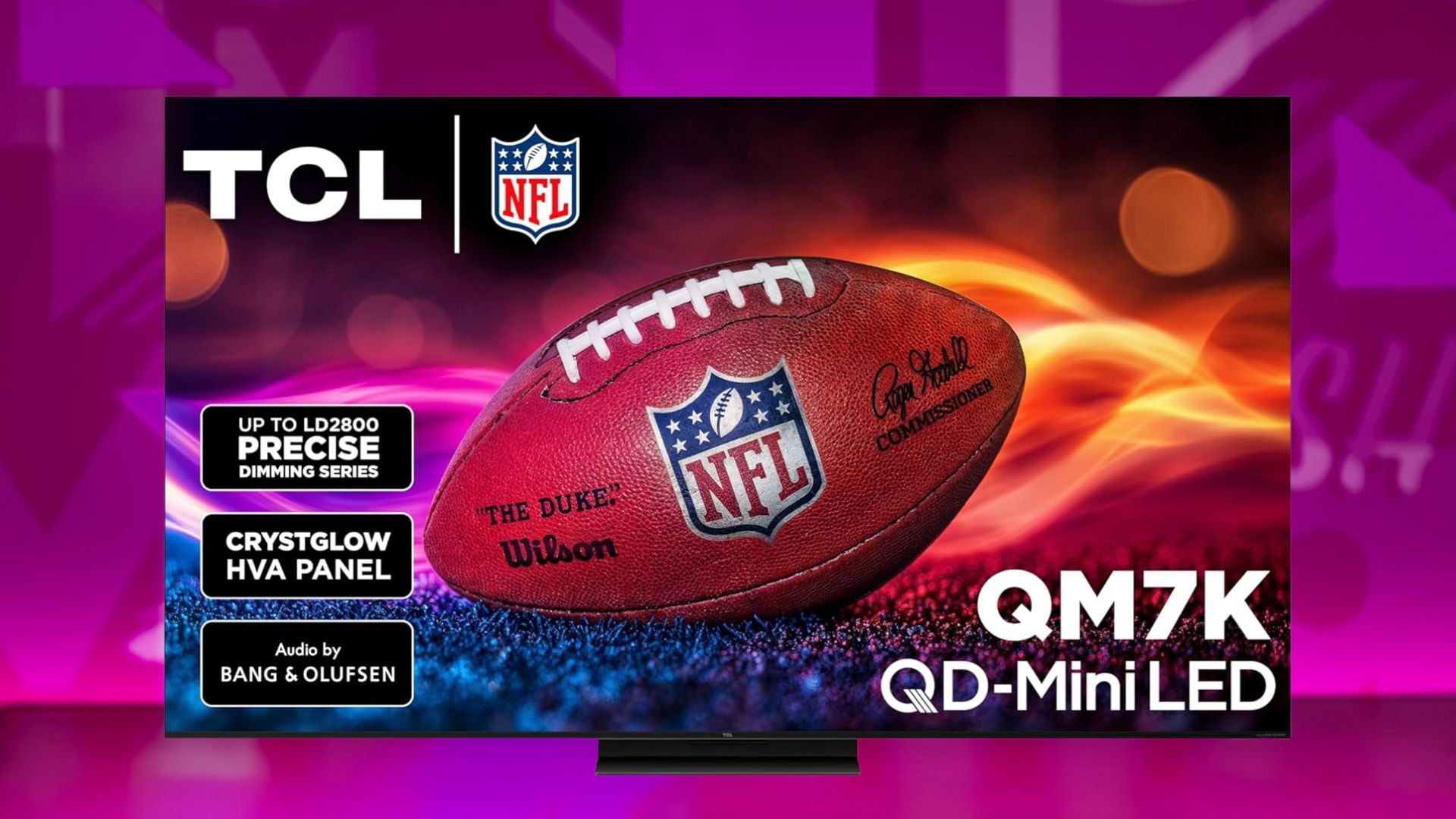 tcl 75-inch qm7k 4k smart tv against a pink patterned background