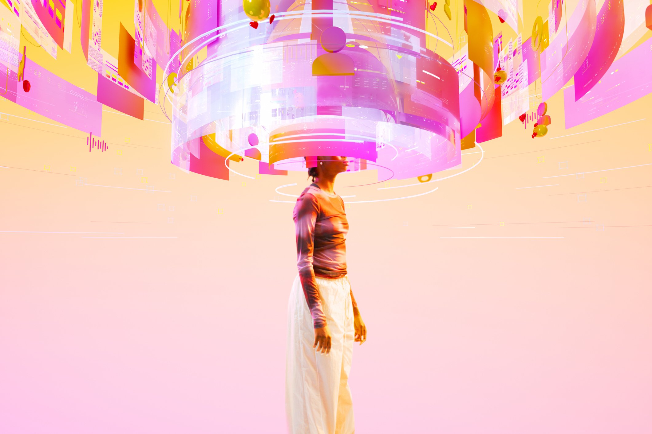 woman amid a circular vortex of screens