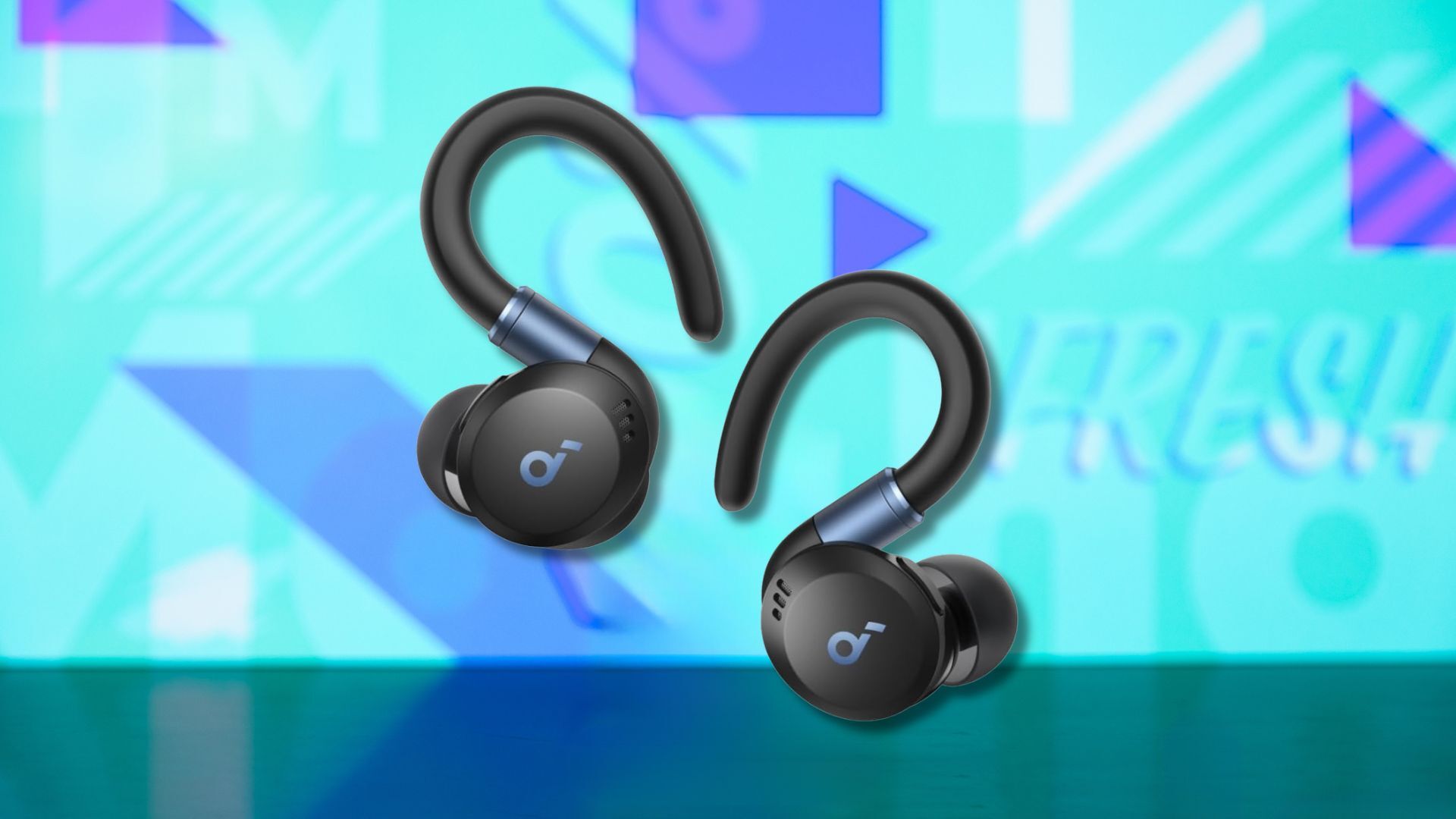 soundcore sport x20 earbuds against a light blue patterned background