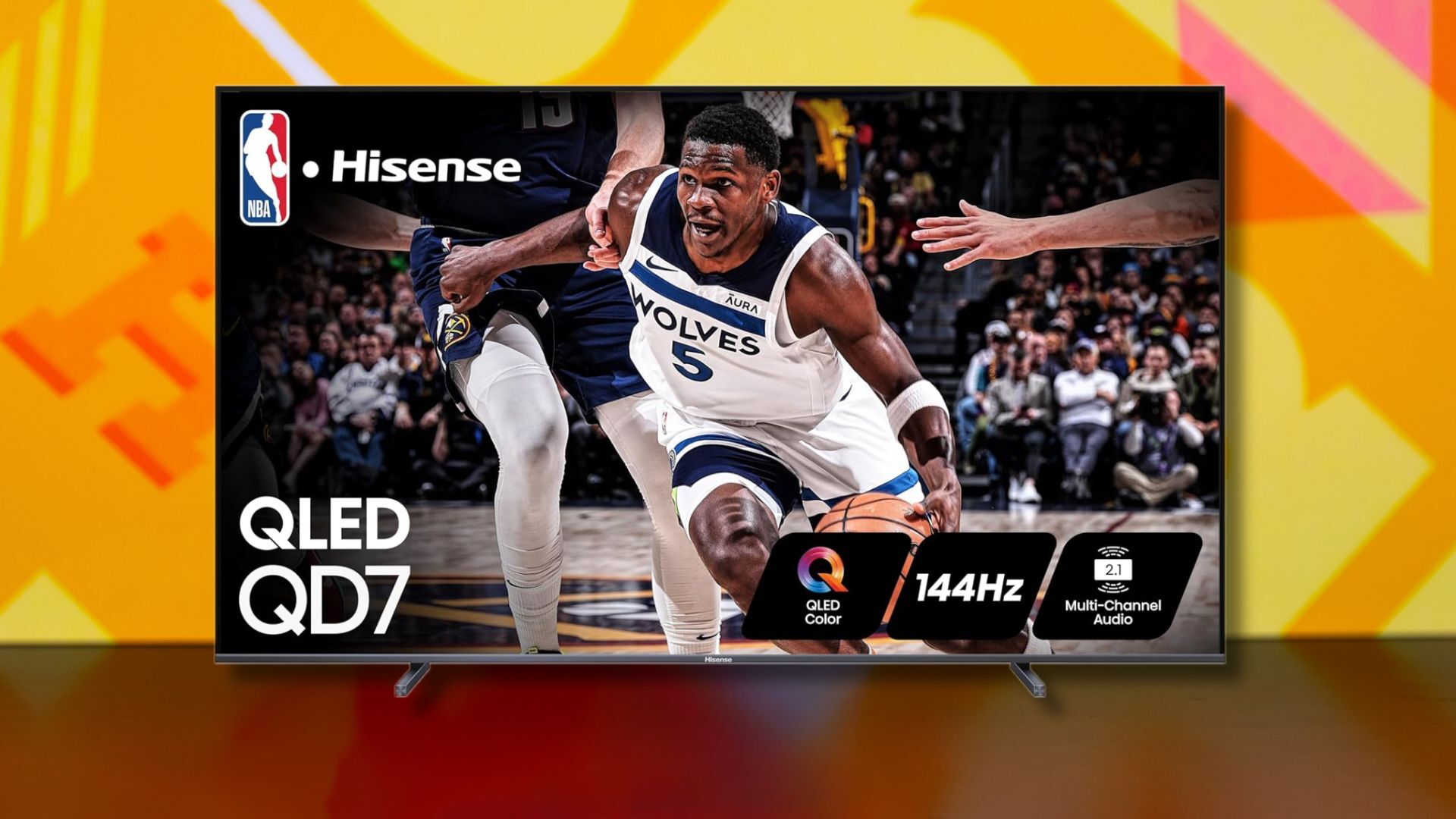 hisense 100-inch qd7 qled 4k smart tv against a yellow patterned background