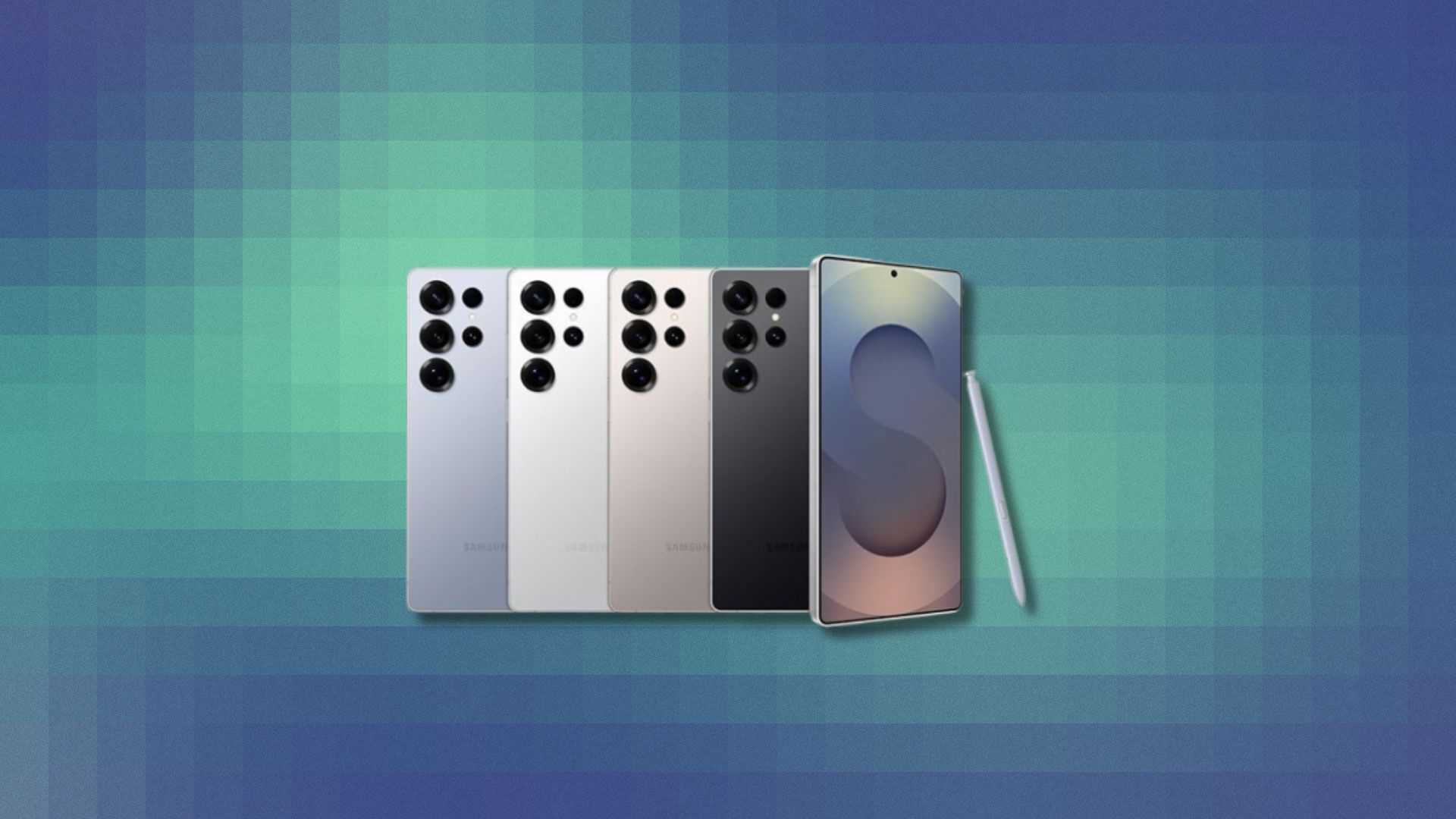 the Samsung galaxy s25 ultra on a blue and green pixelated background