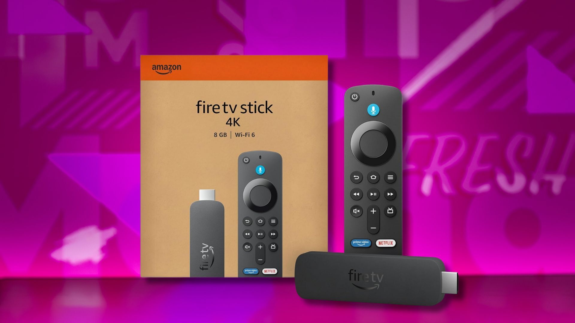 amazon fire tv stick 4k streaming stick and box against a pink patterned background