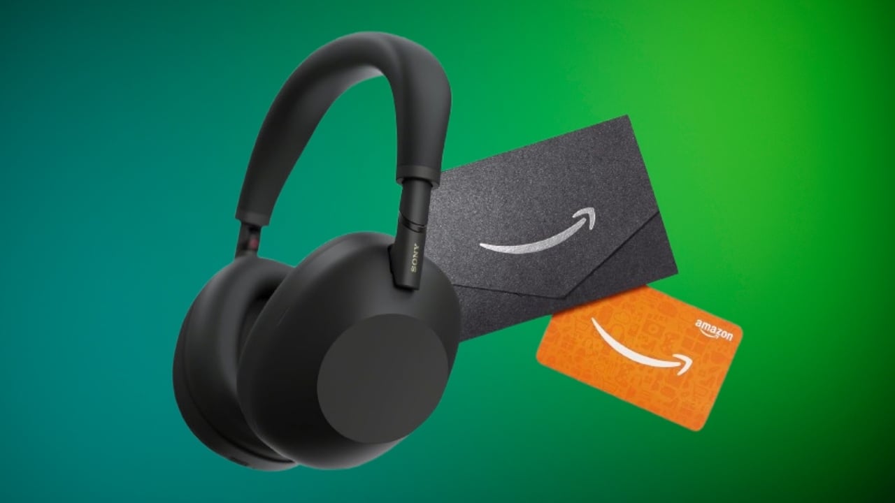 The Sony WH-1000XM6 Noise Cancelling Headphones with an Amazon gift card on a green background