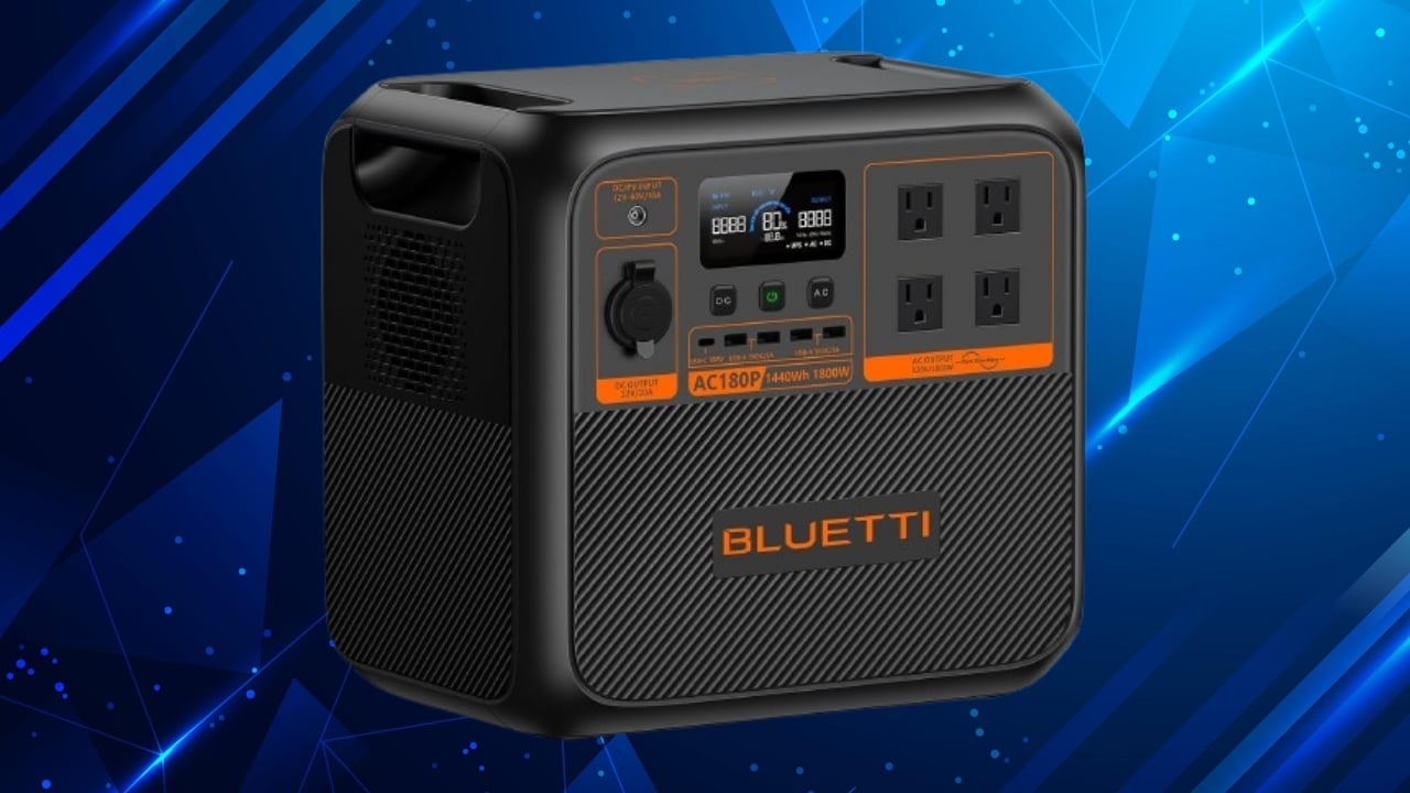 The BLUETTI AC180P Portable Power Station on a blue background