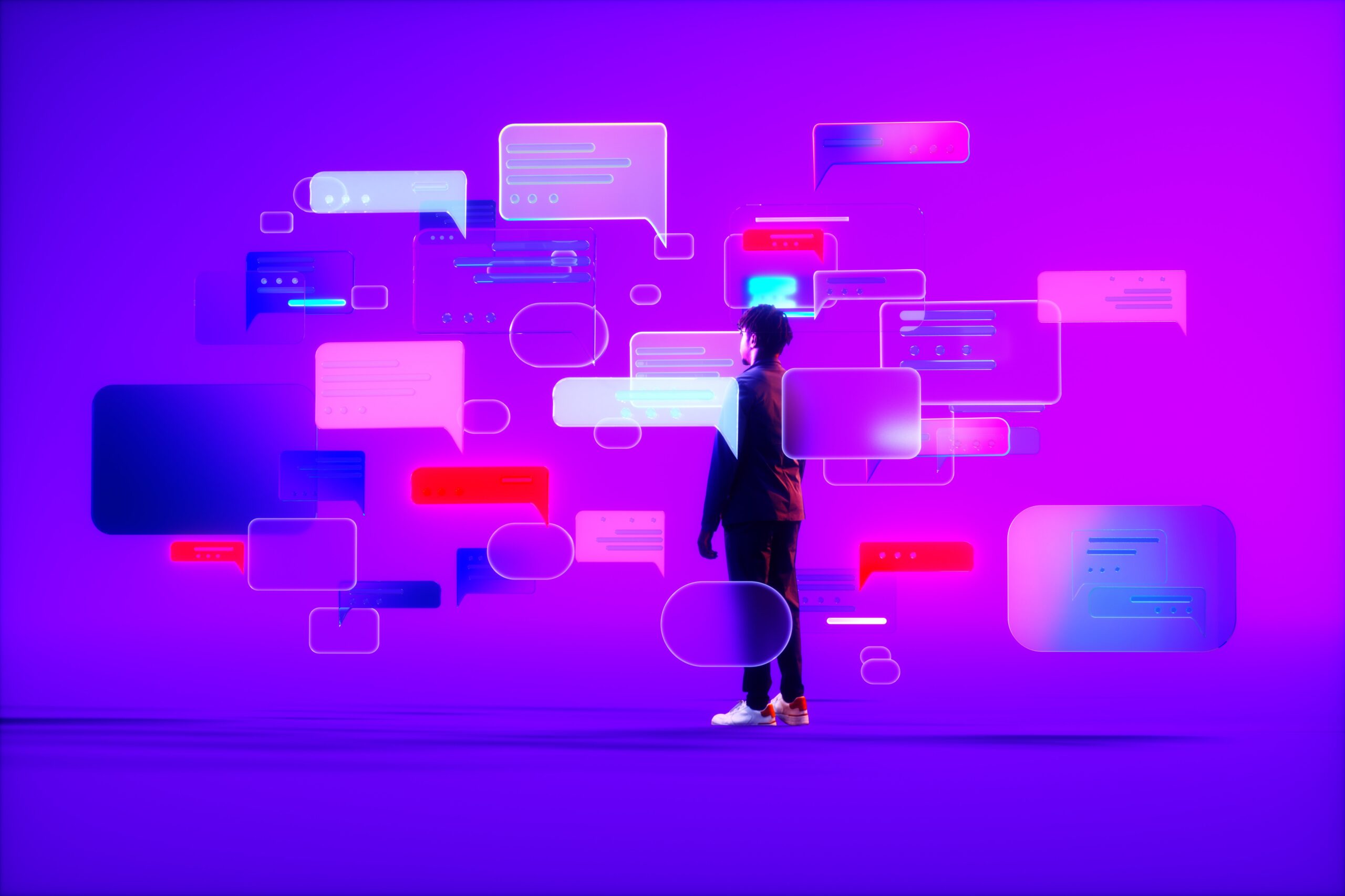 young man surrounded by AI chatbot messages