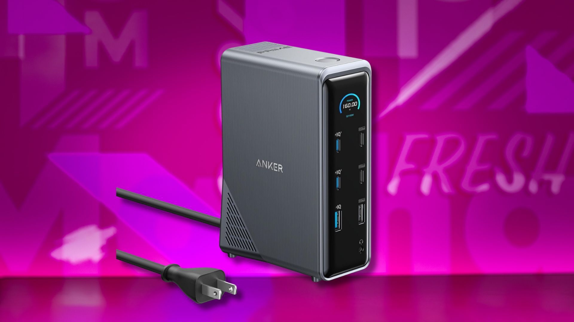 anker prime docking station against a pink patterned background