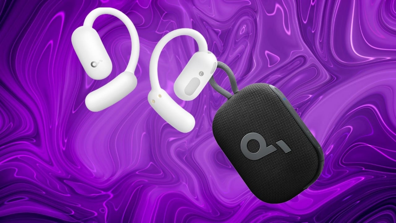 The Soundcore Aerofit 2 earbuds and Select 4 Go Bluetooth shower speaker on a purple background