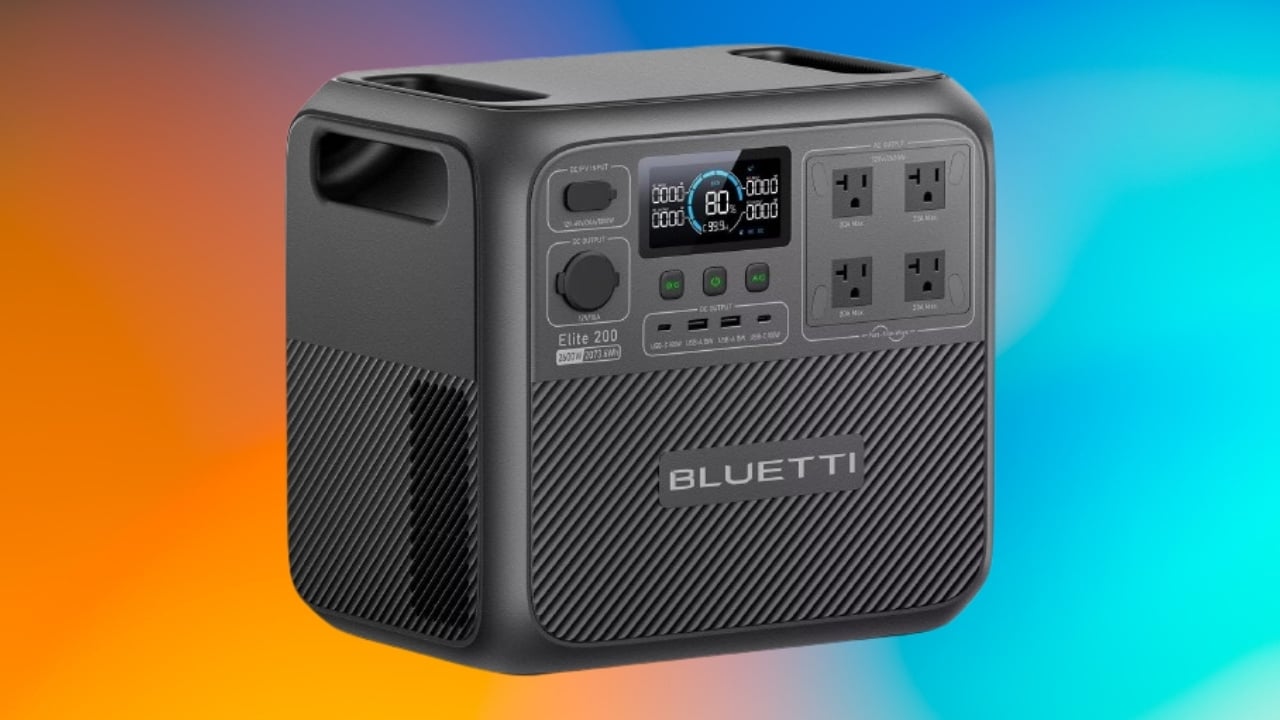 The Bluetti Elite 200 V2 solar generator & portable power station on a orange and light blue background