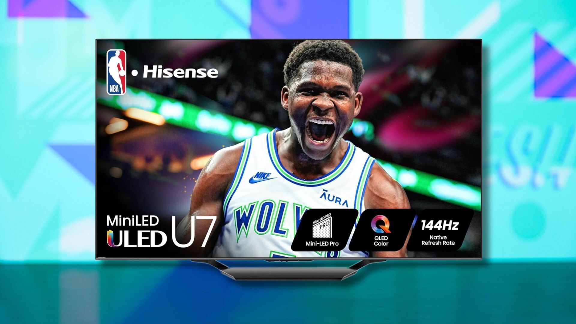 hisense 75-inch u7 tv against a light blue patterned background