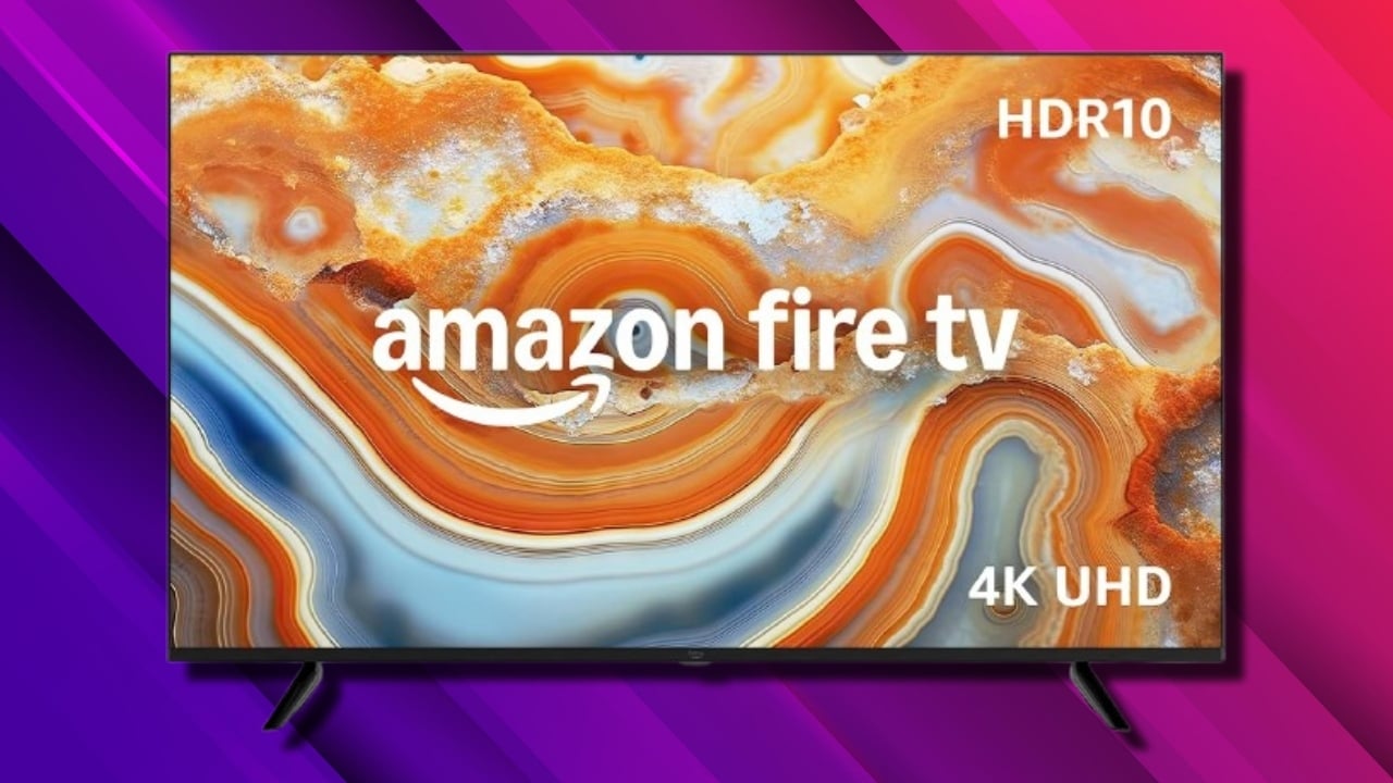 The Amazon Fire TV 55-inch 4-Series 4K UHD smart TV on a purple and pink background