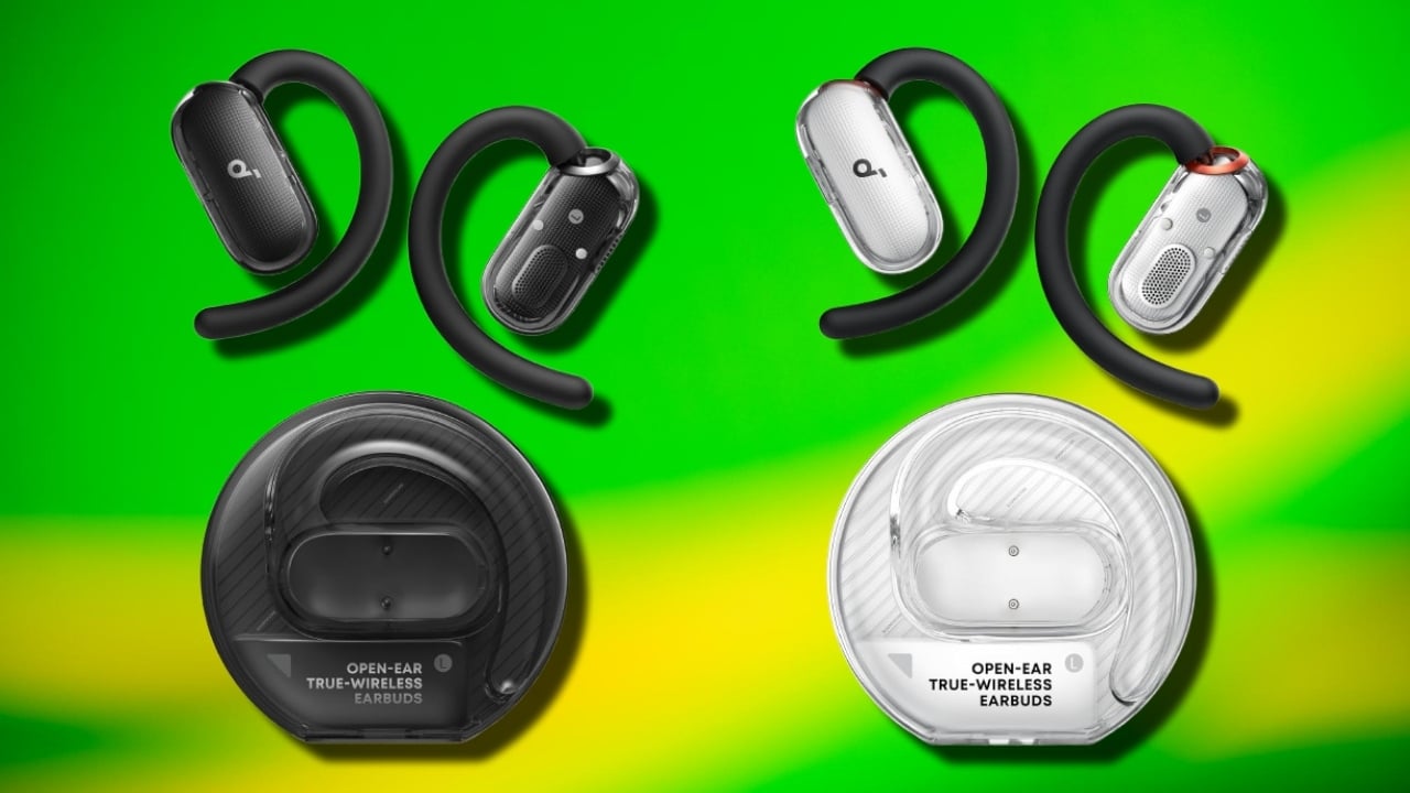 The Soundcore V40i by Anker earbuds on a green and yellow background