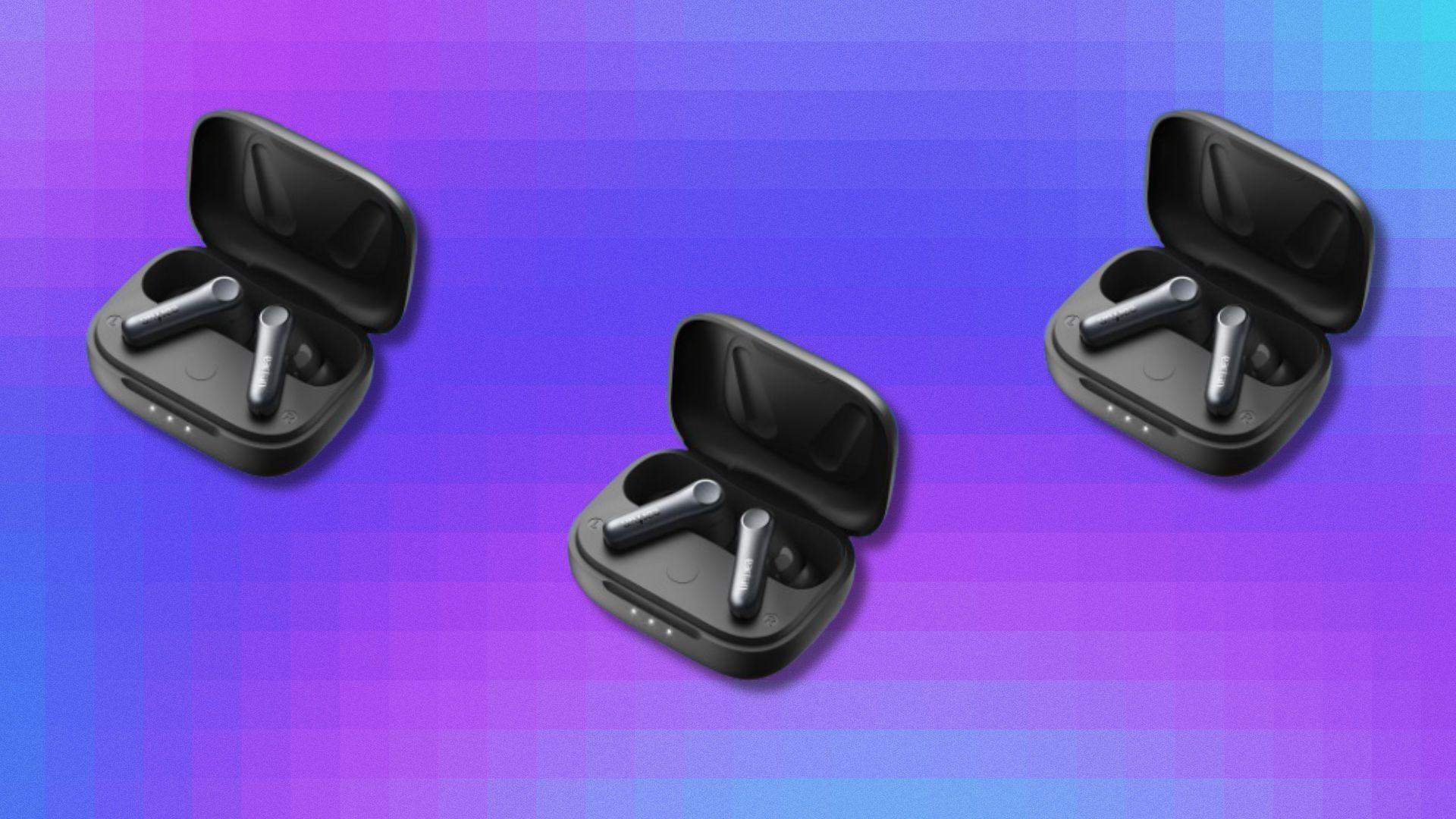 the earfun air pro 4 earbuds in their case in a black color on a purple background