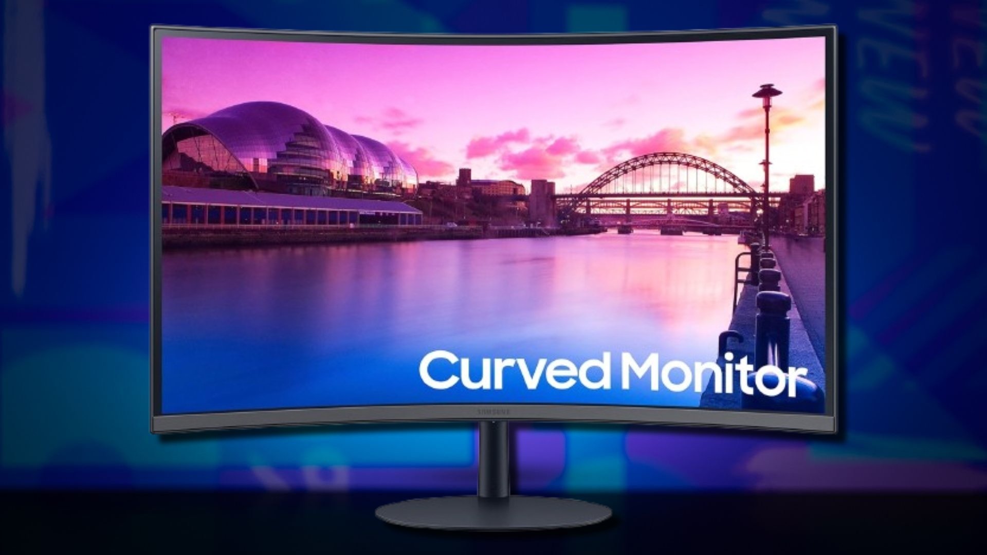 Samsung 27-Inch S39C Series FHD curved gaming monitor on a blue background