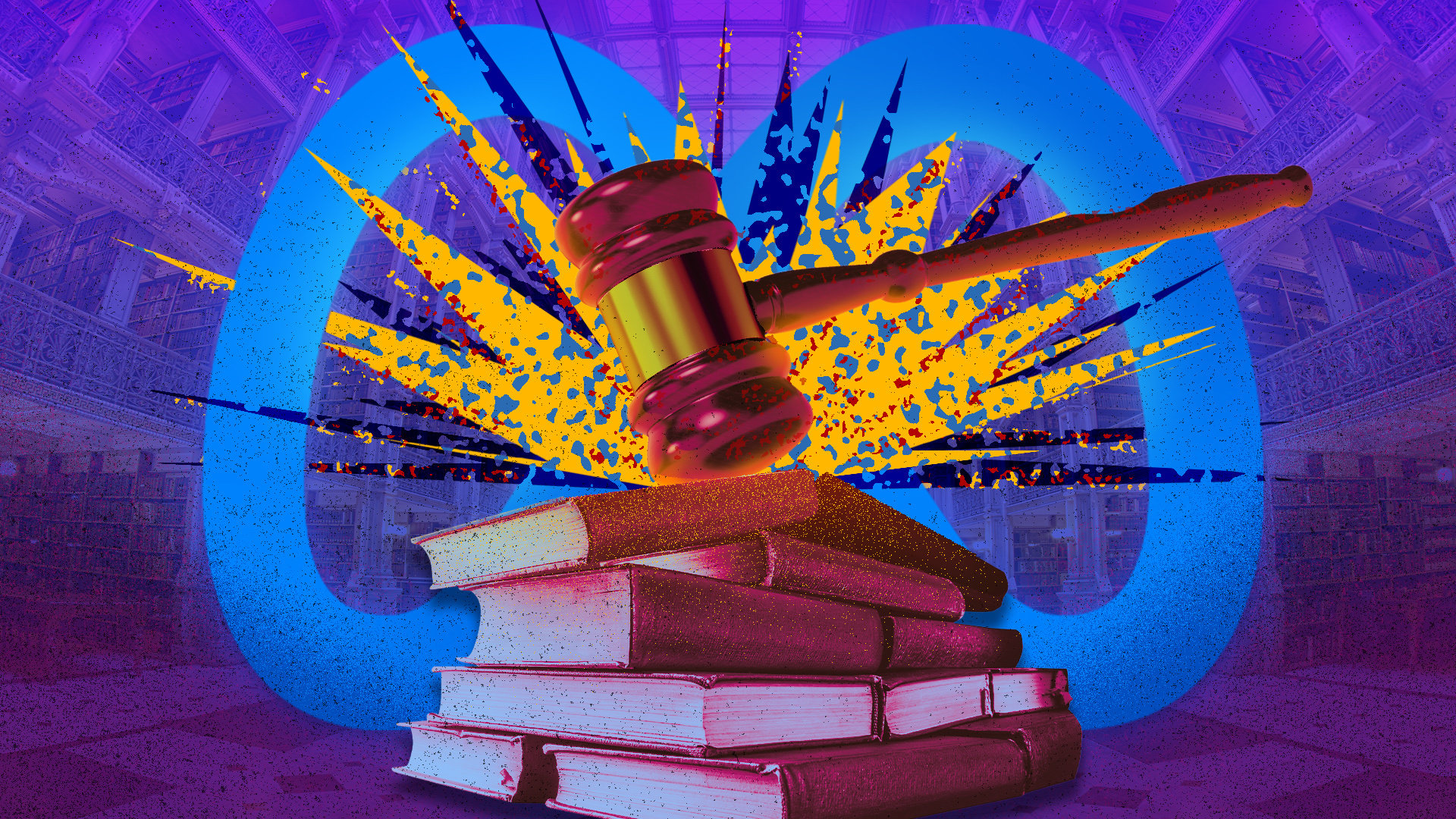 a gavel hitting a stack of books in front of the meta logo