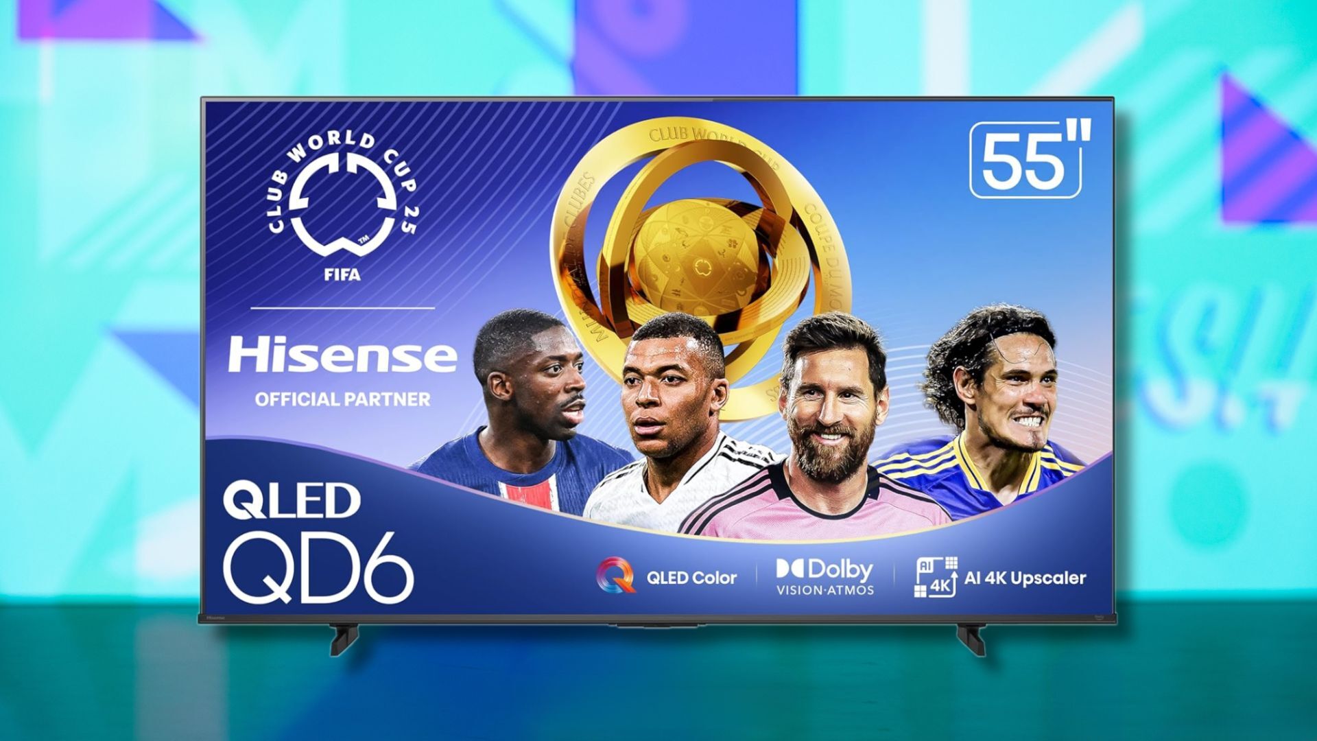 hisense qd6 tv against a light blue patterned background