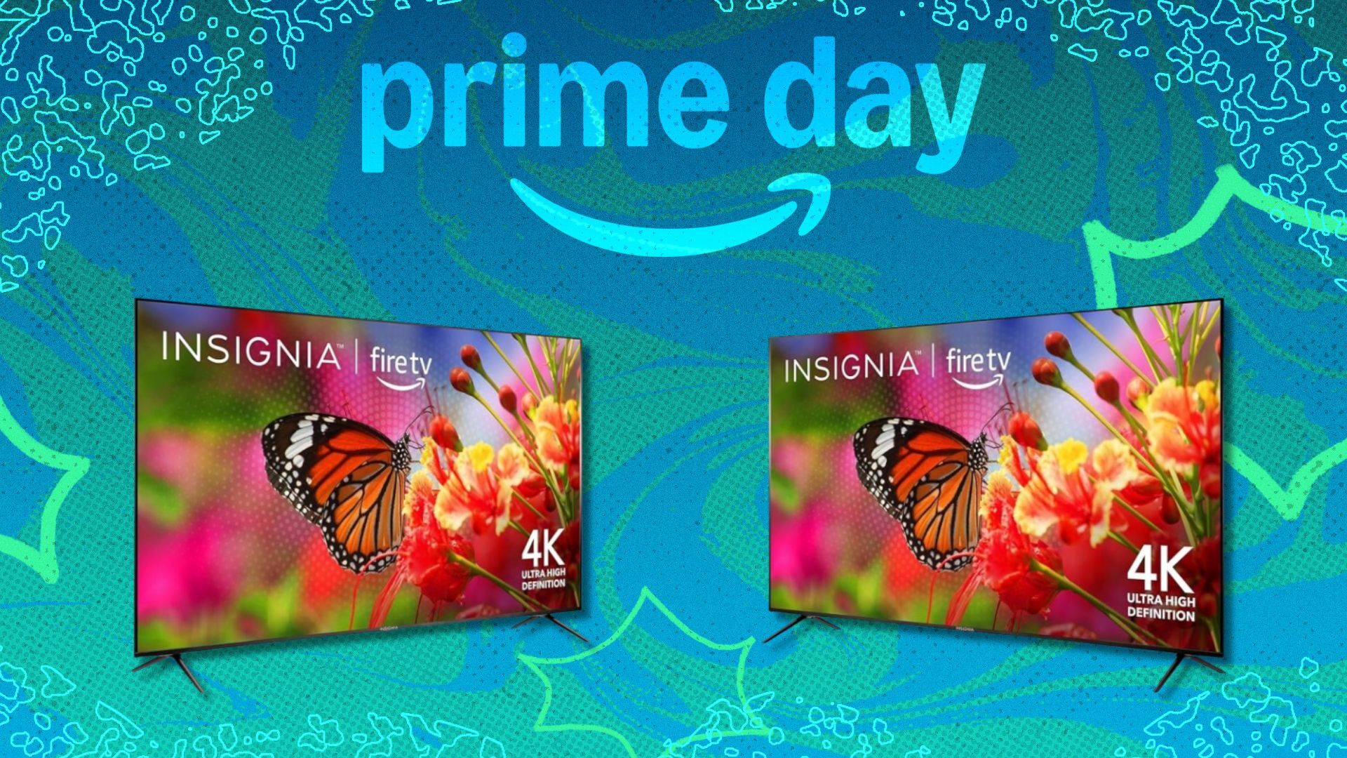 two Insignia TVs on a turquoise Prime Day background