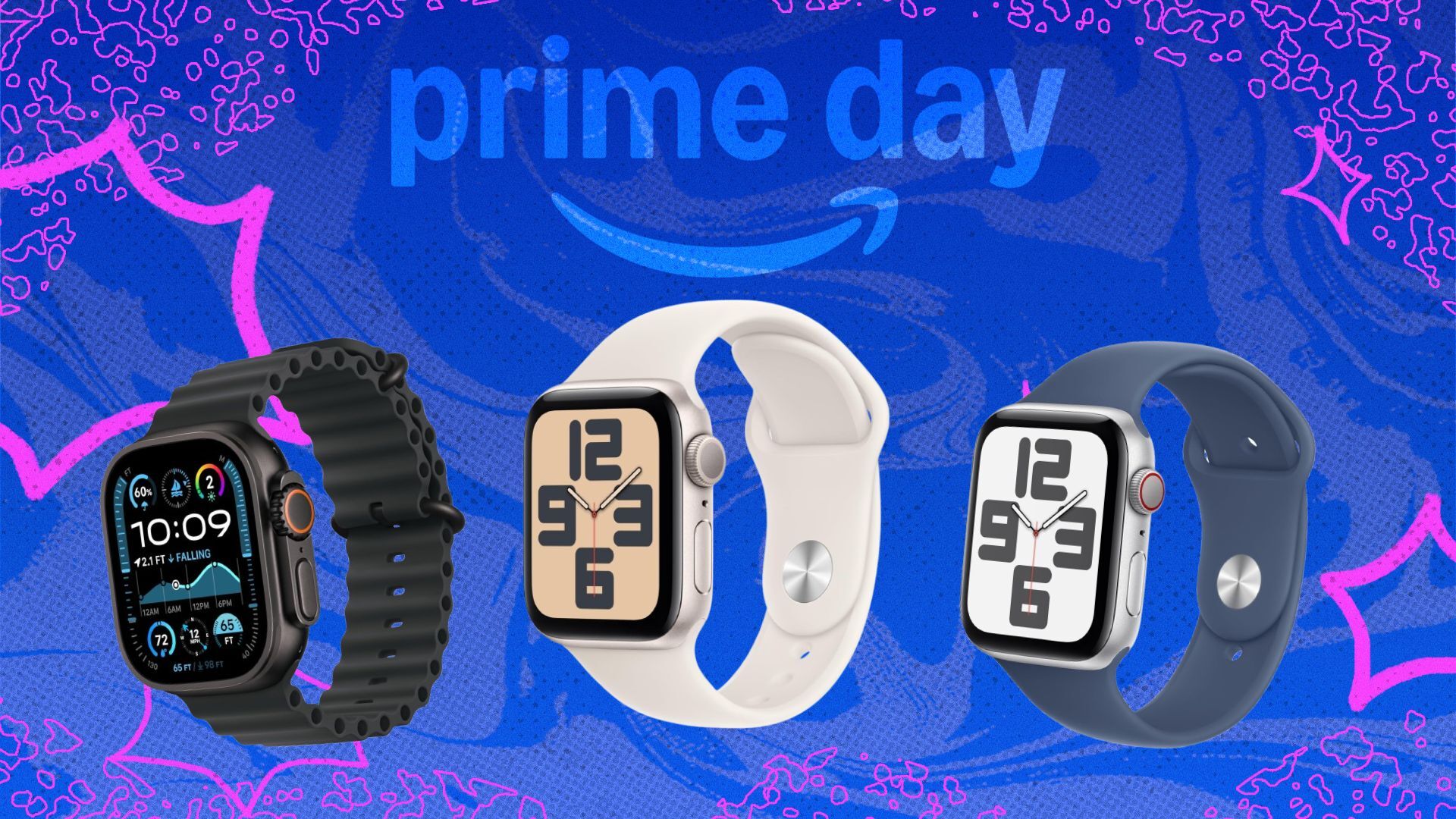 apple watch ultra, SE, and Series 10 on blue and pink prime day background