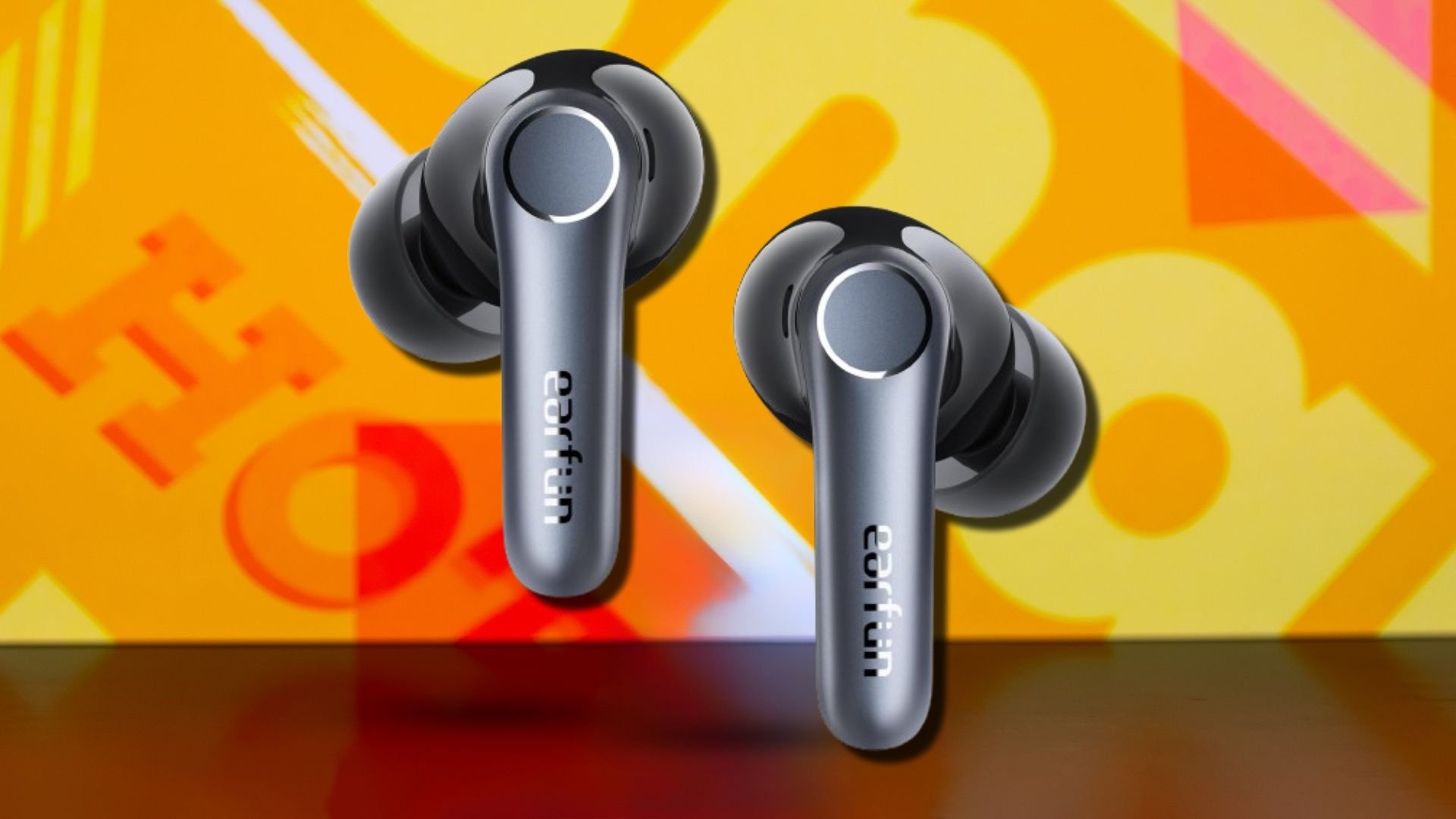 The EarFun Air Pro 4 wireless earbuds on an orange background