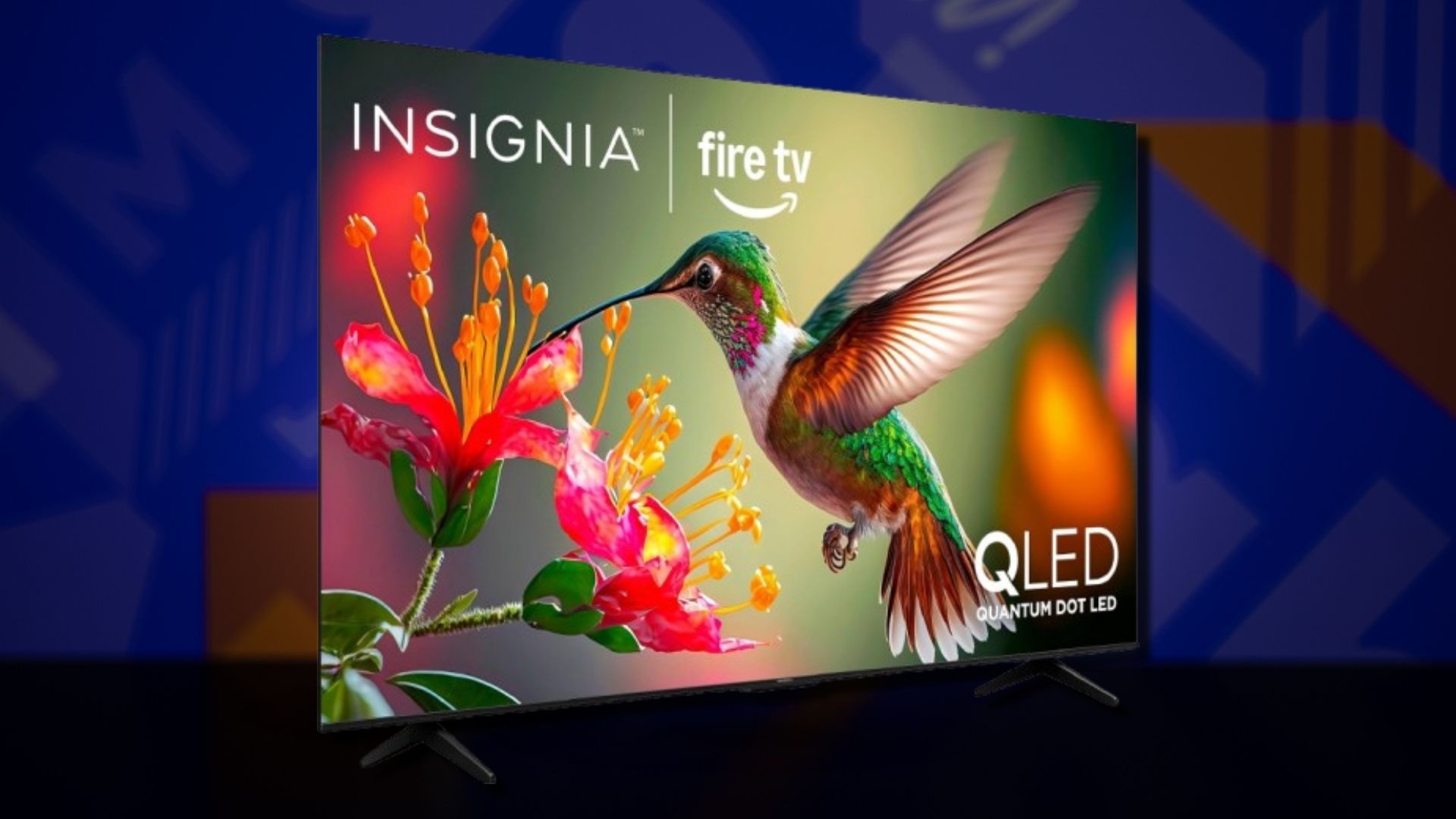 The 65-inch Insignia QF Series 4K UHD QLED Fire TV on a dark blue background