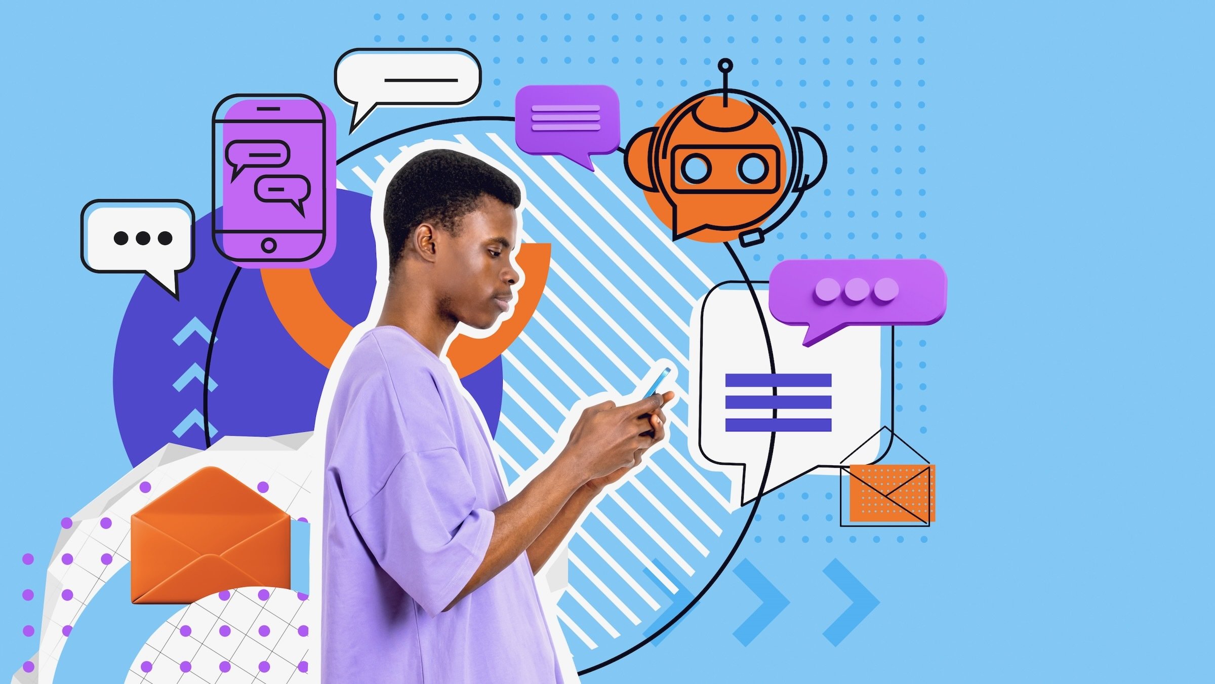 Profile of black man typing in phone, ai chat bot doodle icons with speech bubbles and e-mails on colorful background