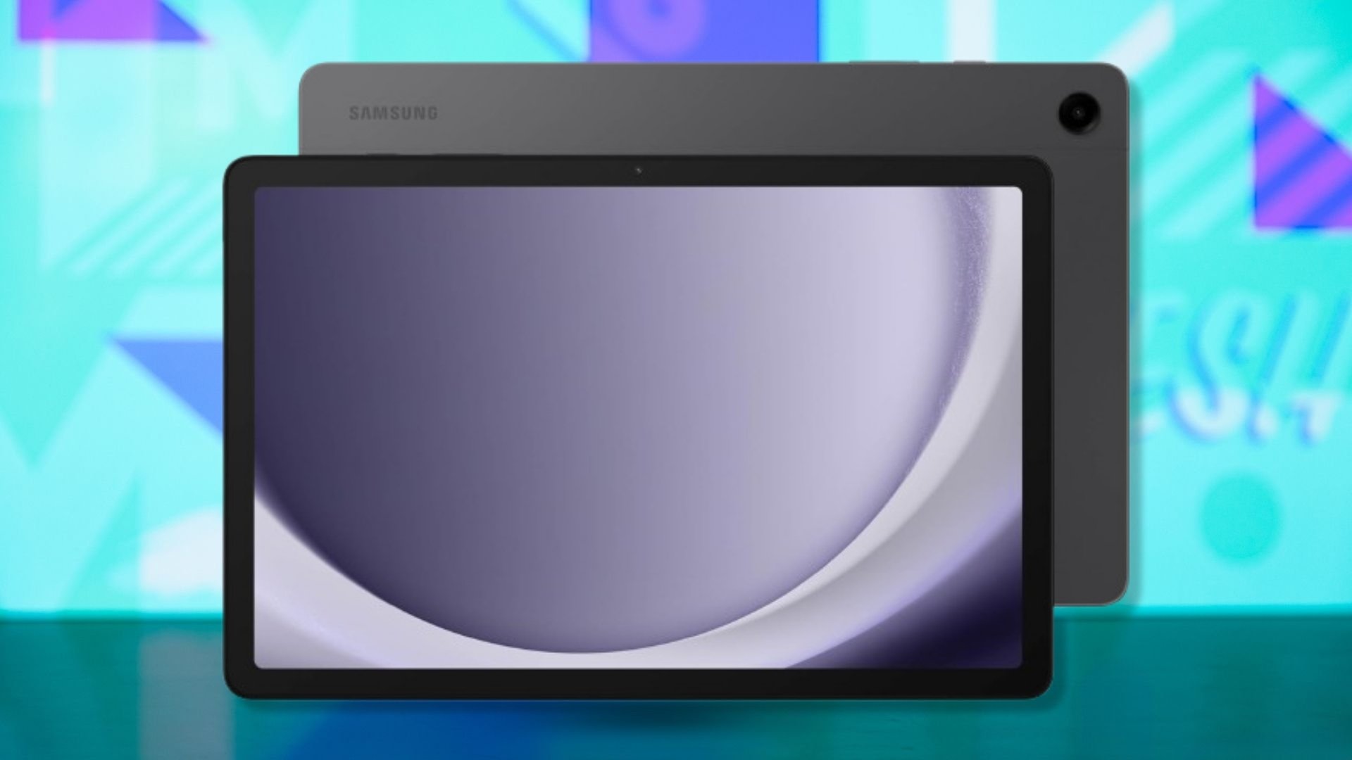 The Samsung Galaxy Tab A9+ tablet on a blue background