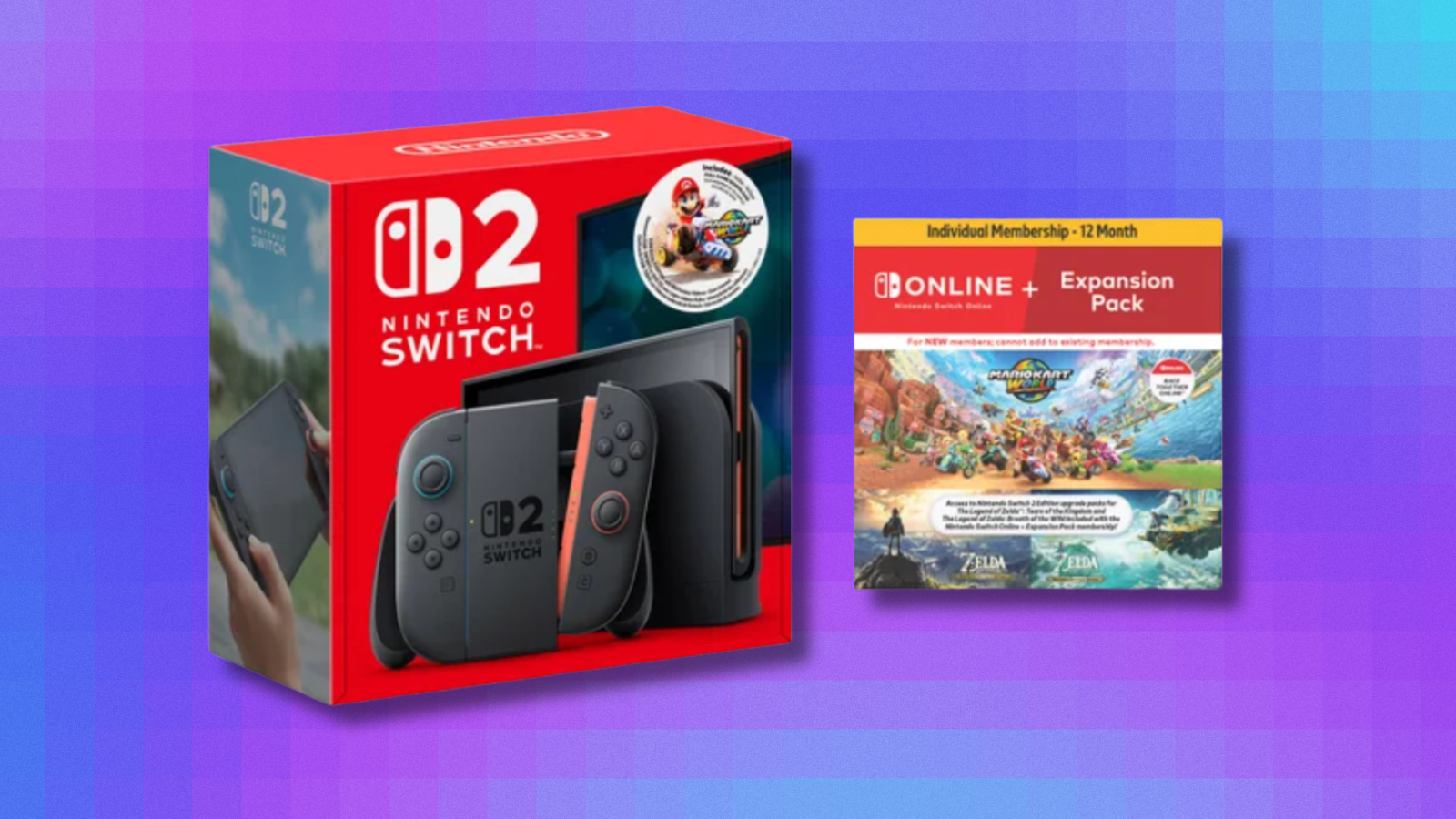 Nintendo Switch 2 + Mario Kart World Bundle on purple and pink abstract background