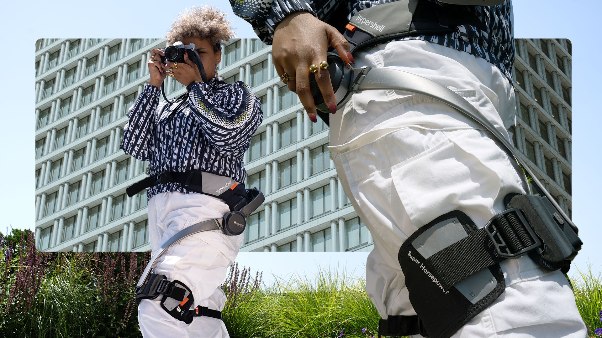 Hiker wearing Hypershell exoskeleton taking photos of the outdoors