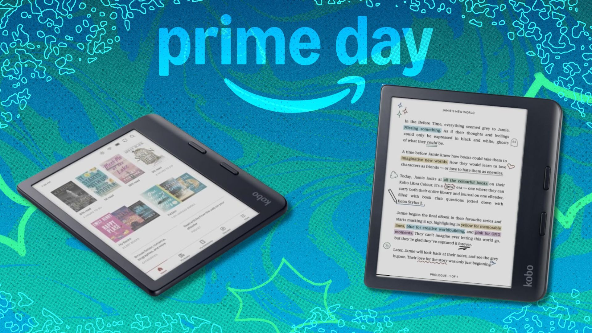 the Kobo Libra Colour e-reader on a green Prime Day banner