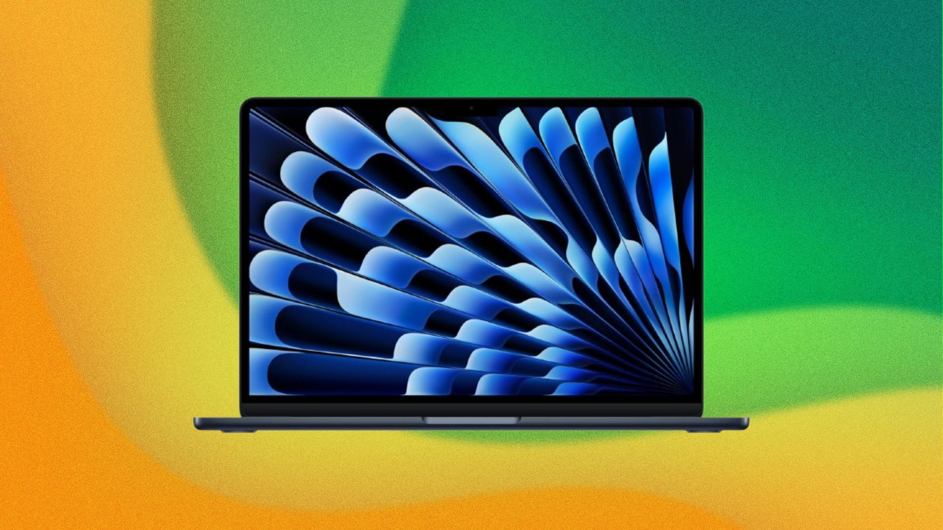 An Apple Macbook Air appears on an abstract background.