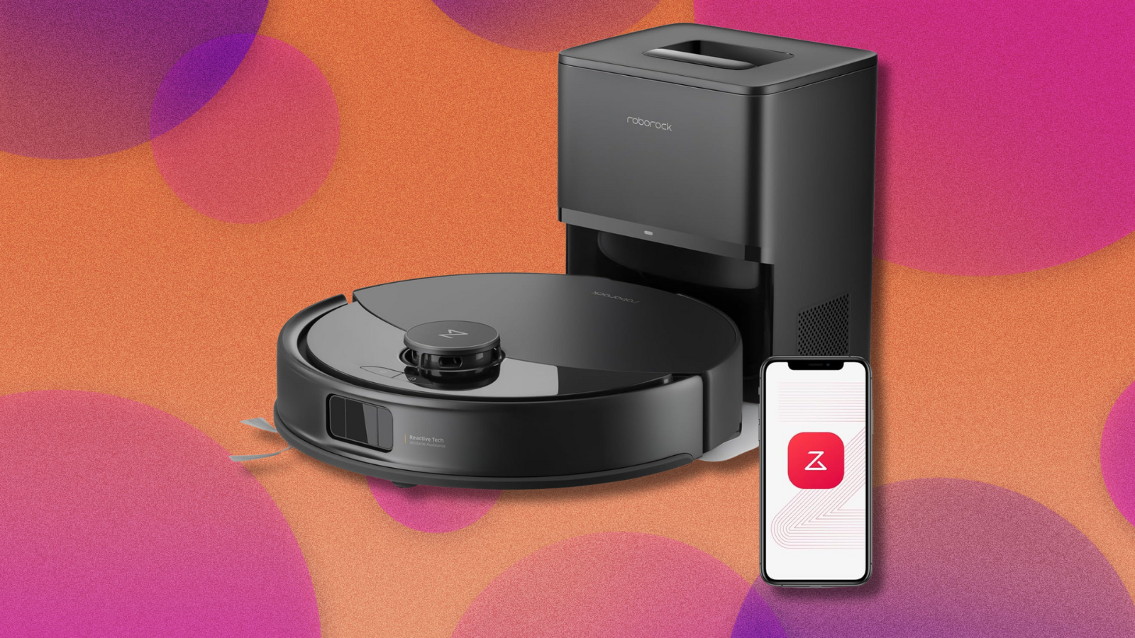 Roborock Q10 X5+ robot vacuum on orange and purple abstract backgorund