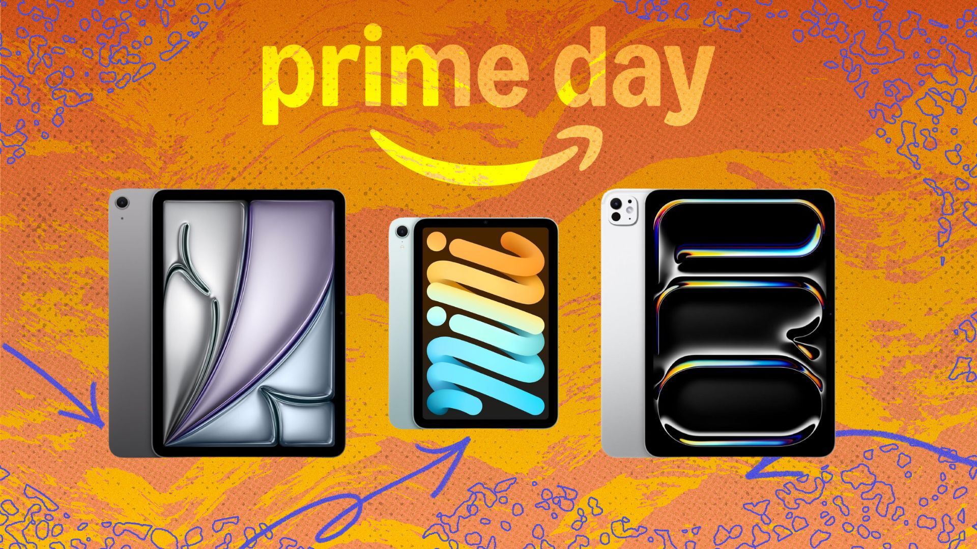 three ipads on orange prime day background