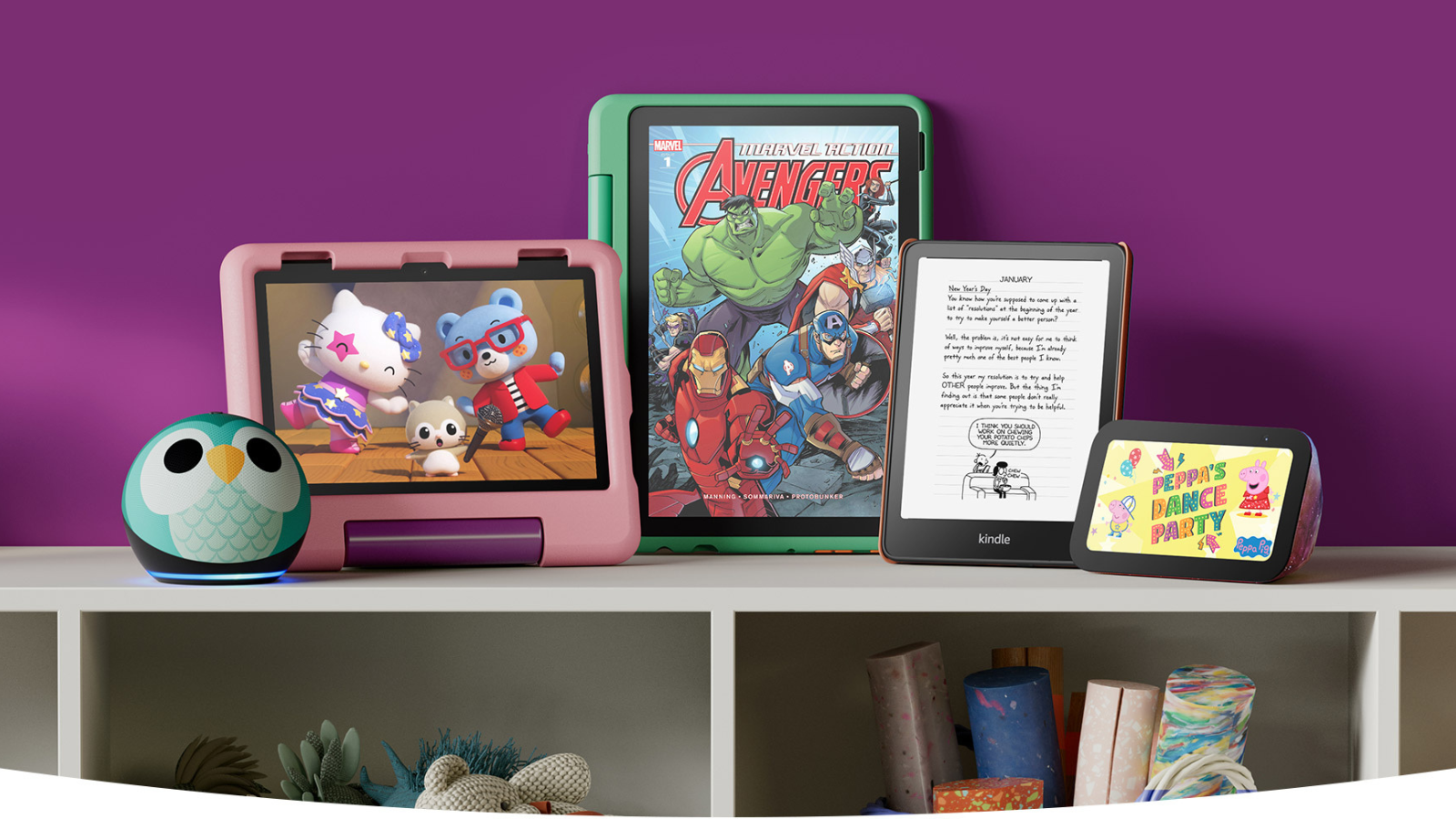 Amazon kids devices sitting on bookshelf
