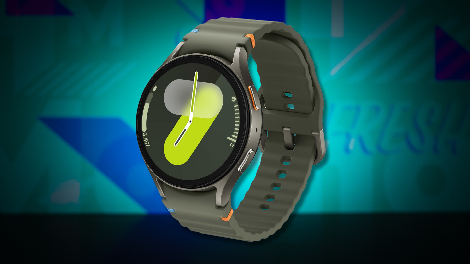 A Samsung Galaxy Watch 7 on a colorful background.