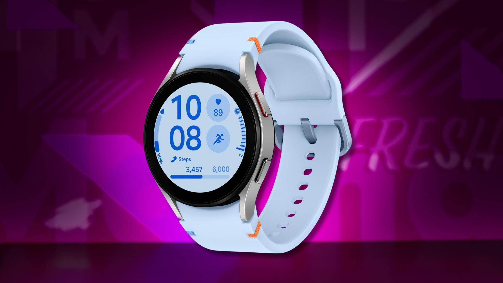 samsung galaxy watch fe smartwatch against a dark pink patterned background
