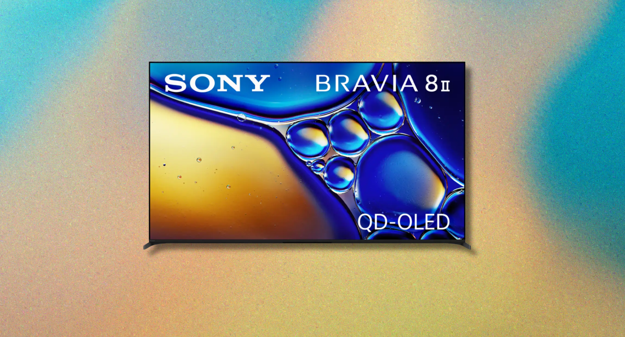 A Sony Bravia 8 II QD-OLED TV displaying a vibrant blue and yellow abstract image.