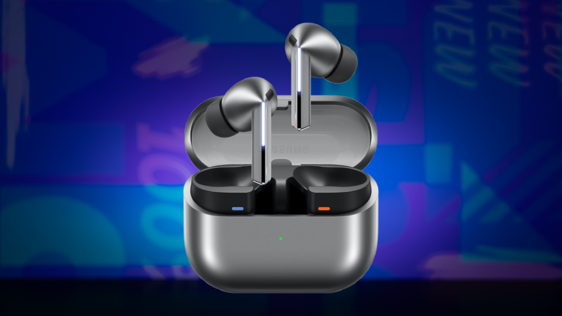 Samsung Galaxy Buds 3 Pro with blue and purple background