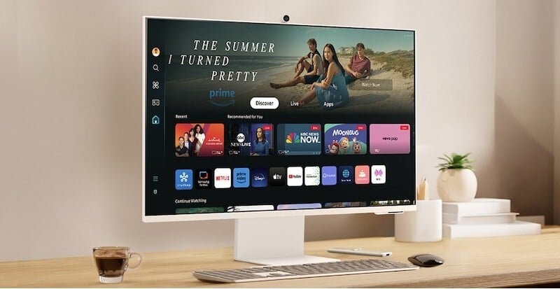 the samsung m8 smart monitor in a brightly lit room displaying the amsung TV plus screen