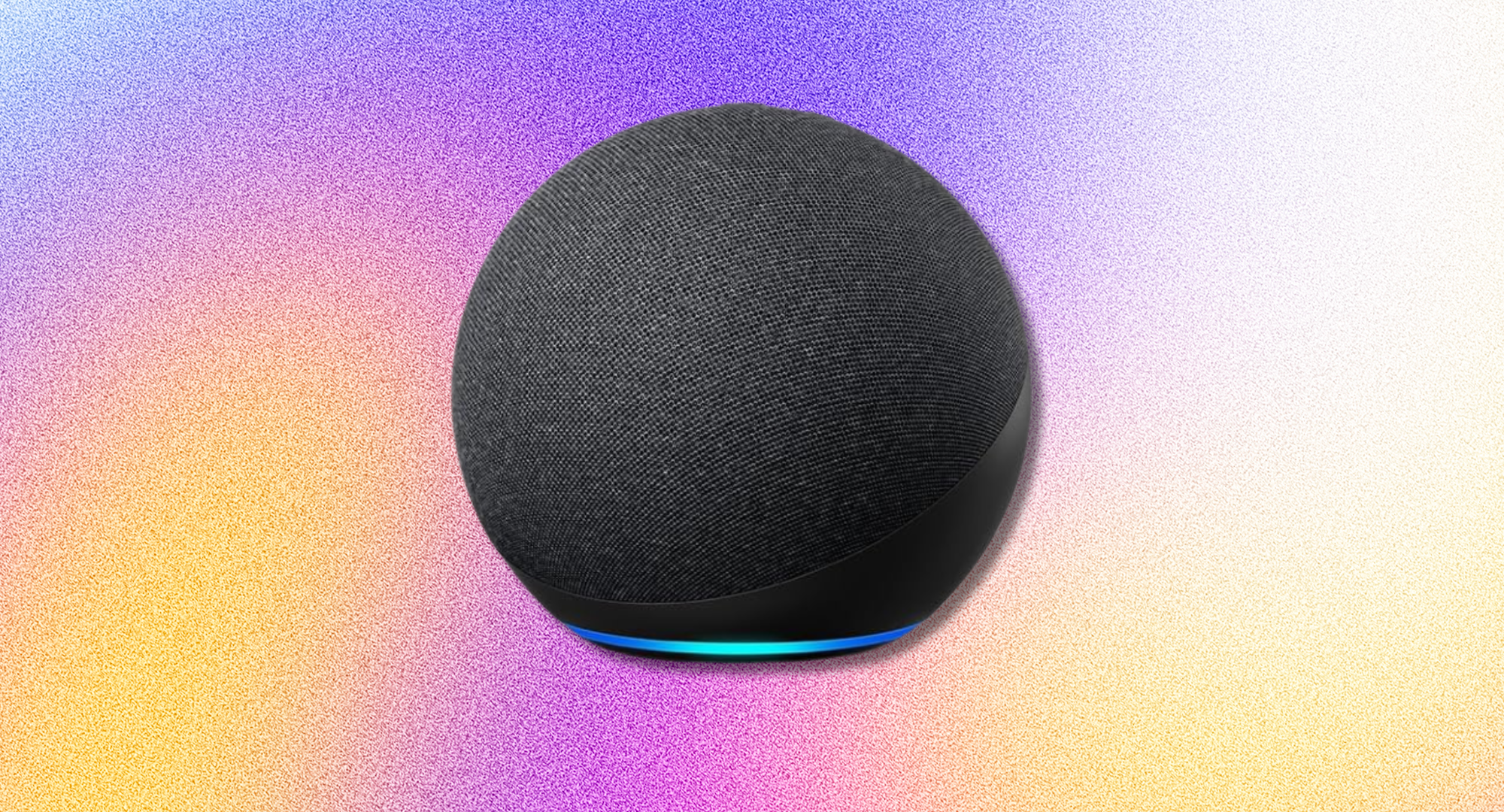 A dark gray, spherical Amazon Echo smart speaker with a glowing blue light ring around its base.