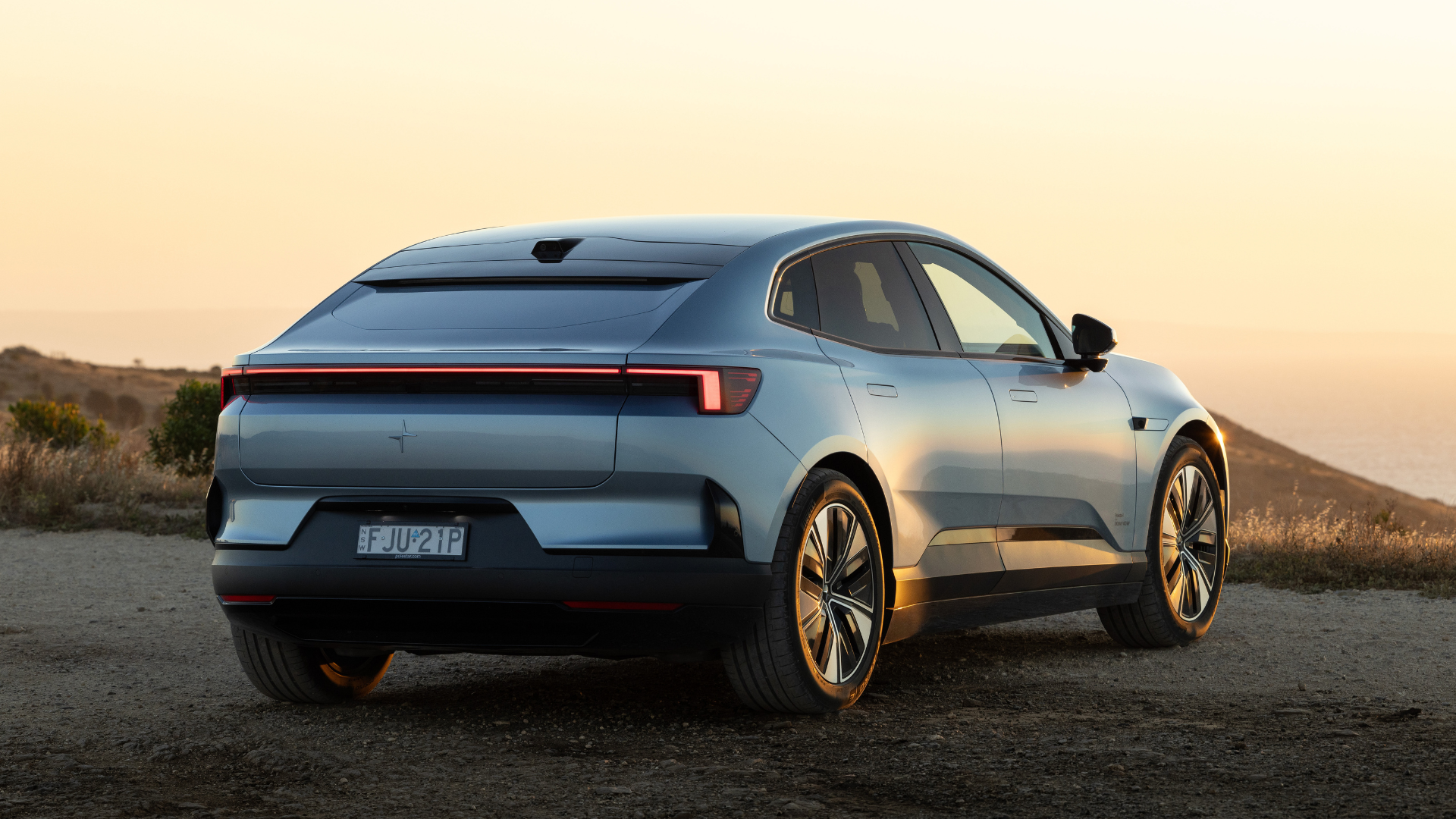 A Polestar 4, viewed from the back to show its lack of rear window.