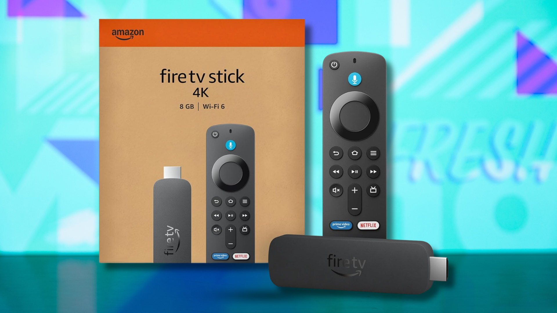 An Amazon Fire Stick 4K on a colorful background