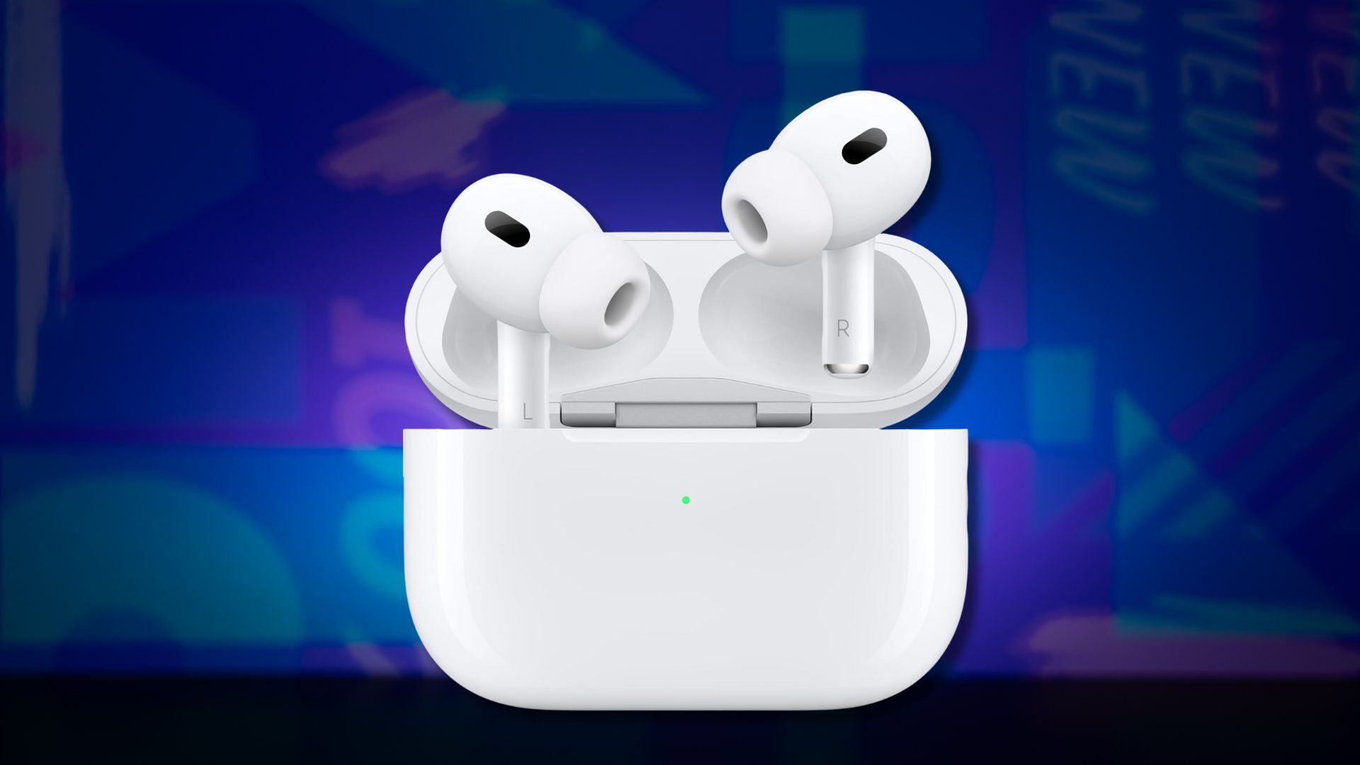 apple airpods pro 2 earbuds in a case against a blue patterned background