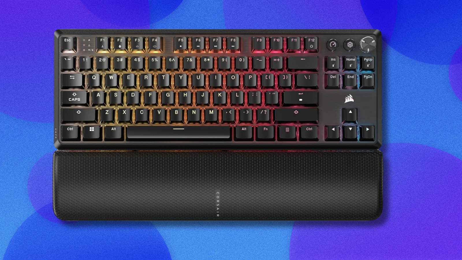 Corsair K70 Core TKL Wireless Gaming Keyboard on blue and purple abstract background