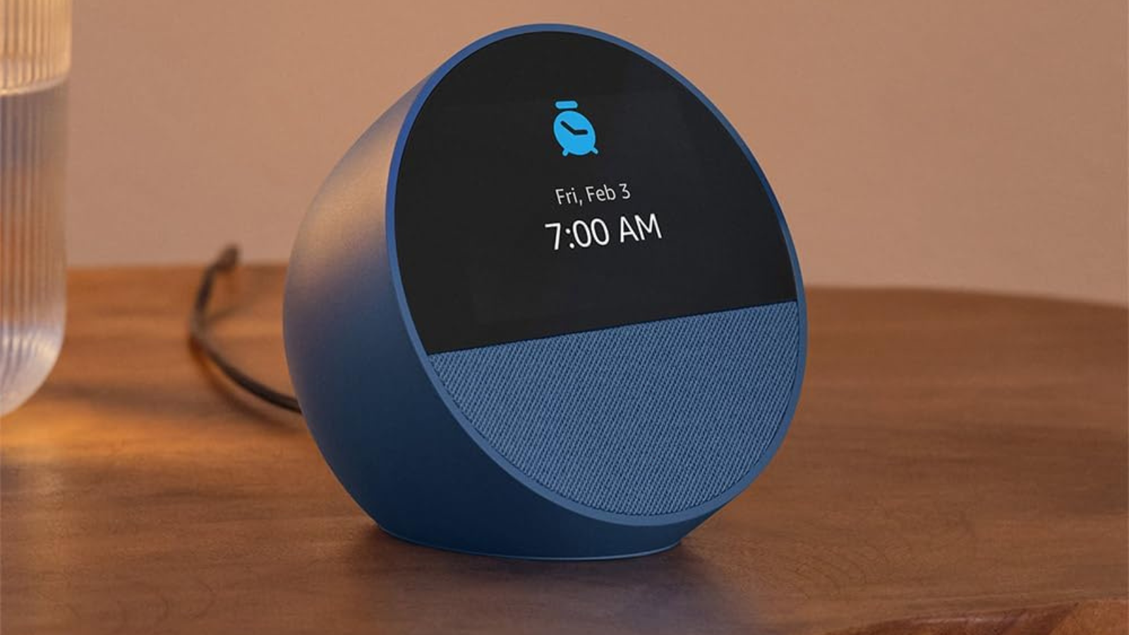 blue Amazon Echo Spot on nightstand
