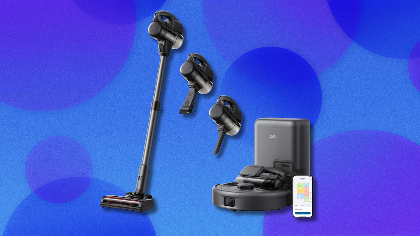 Eufy E20 3-in-1- Robot Vacuum with Stick and Handheld Vacuum Combo on blue and navy abstract background