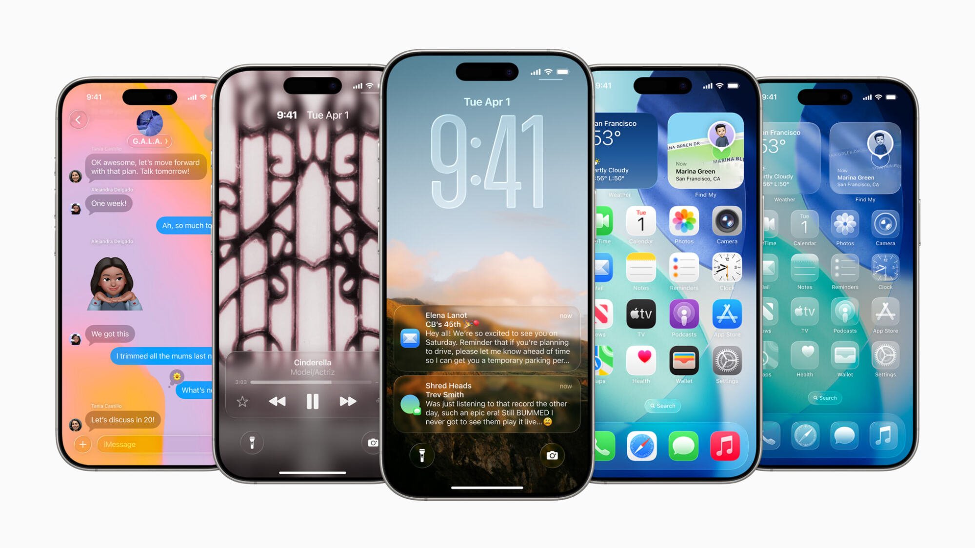 row of iphones showing ios 26 features